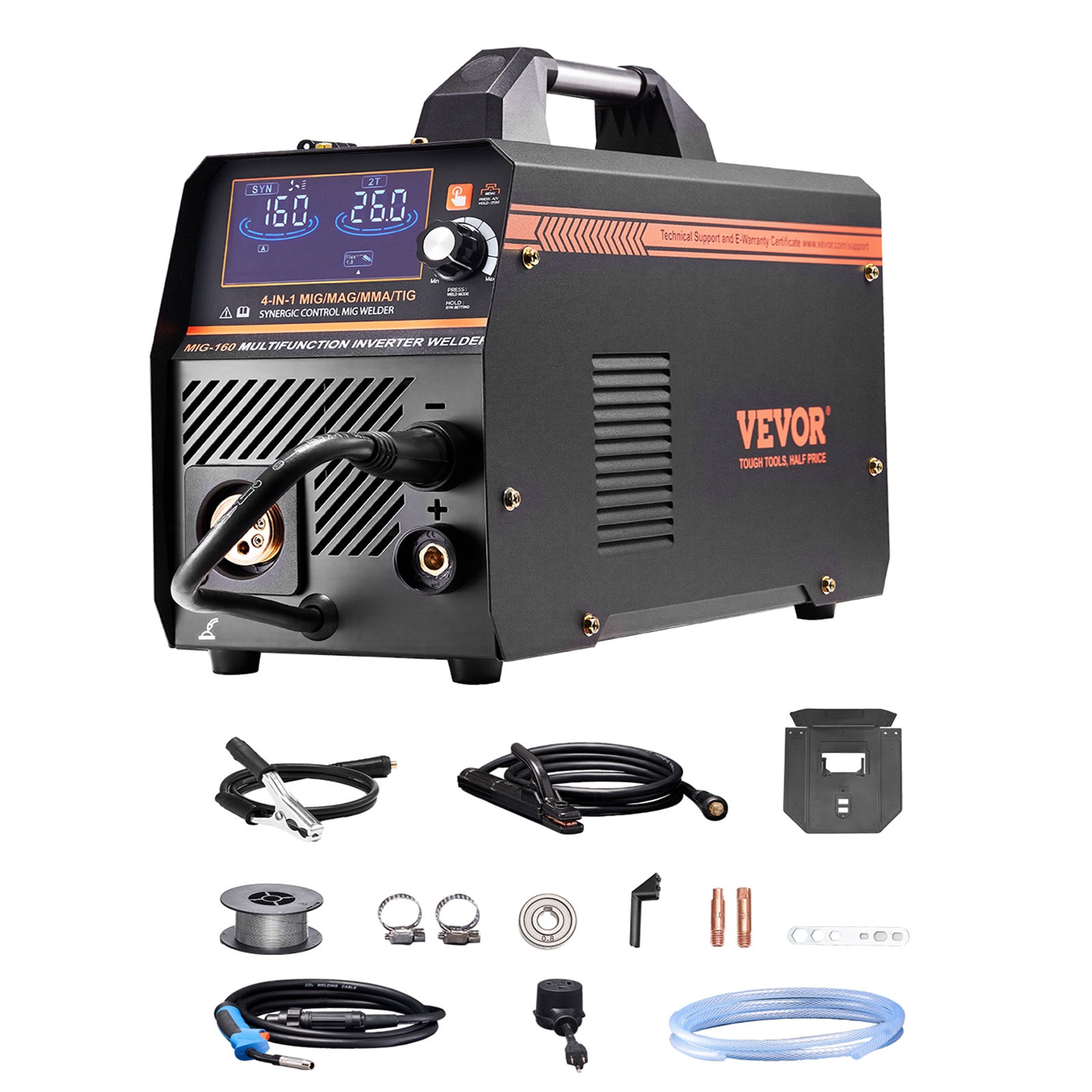 VEVOR MIG Welder 160A Synergic Mig Welding Machine  4-in-1 Gas MIG/Flux Core MIG/Stick/Lift TIG Multi-Process Welder Machine  110V/220V Dual Voltage Mig Welder with IGBT Inverter and LCD Screen Display