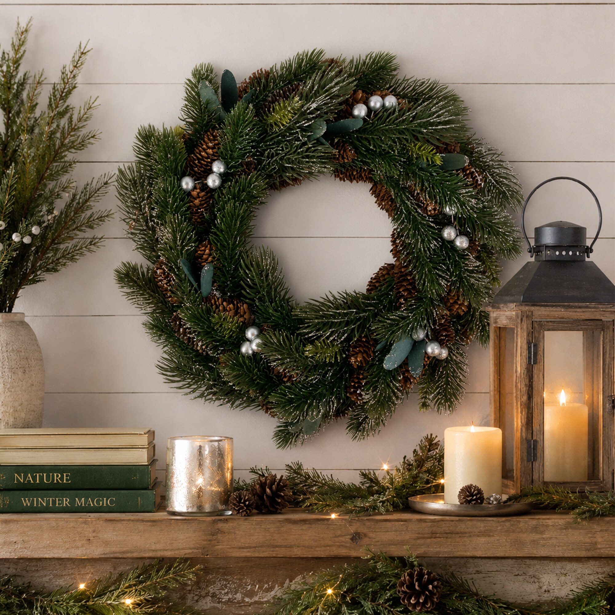 Northlight - 14-in Unlit Glittered Pine Berries and Pinecones Small Artificial Christmas Wreath