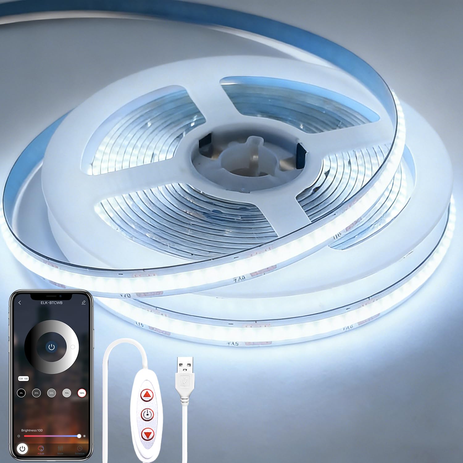 Yeewhale 10 ft USB Powered COB LED Strip Light 6000K Cold White Dimmable App Controlled 8mm Flexible Tape Light for TV Cabinet Kitchen Bedroom