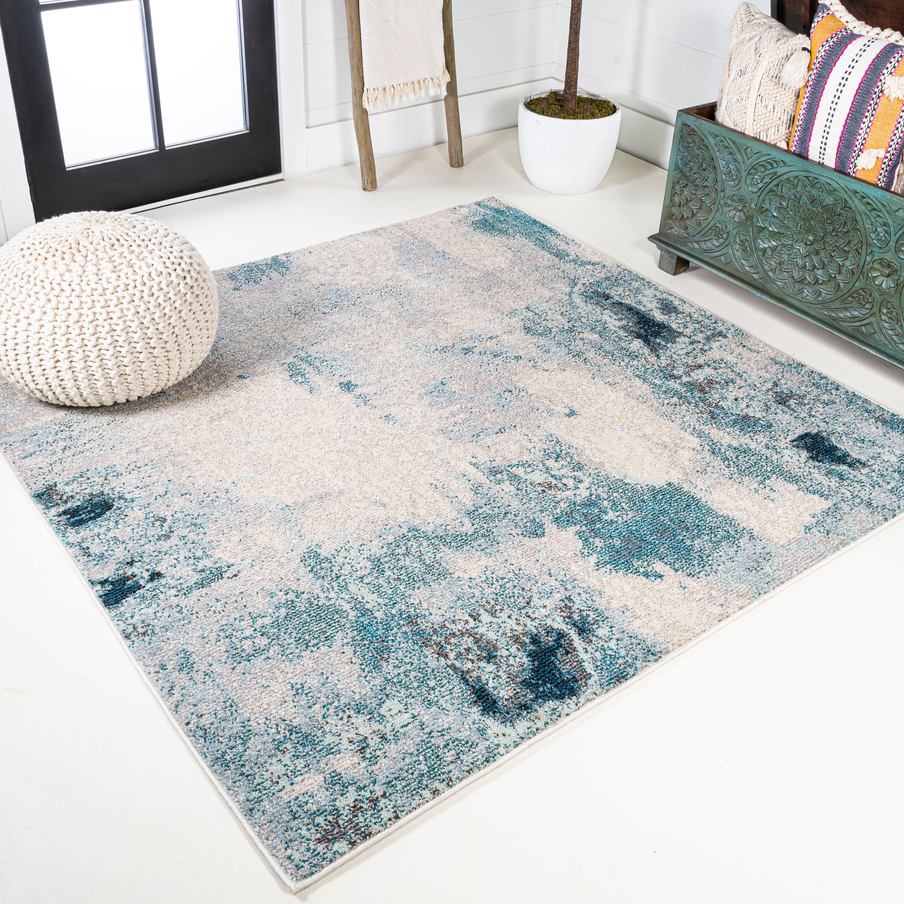 JONATHAN  Y CTP104A-8SQ 8 x 8 (ft) Loomed Polypropylene Cream/Blue Square Indoor Abstract Bohemian/Eclectic Area rug