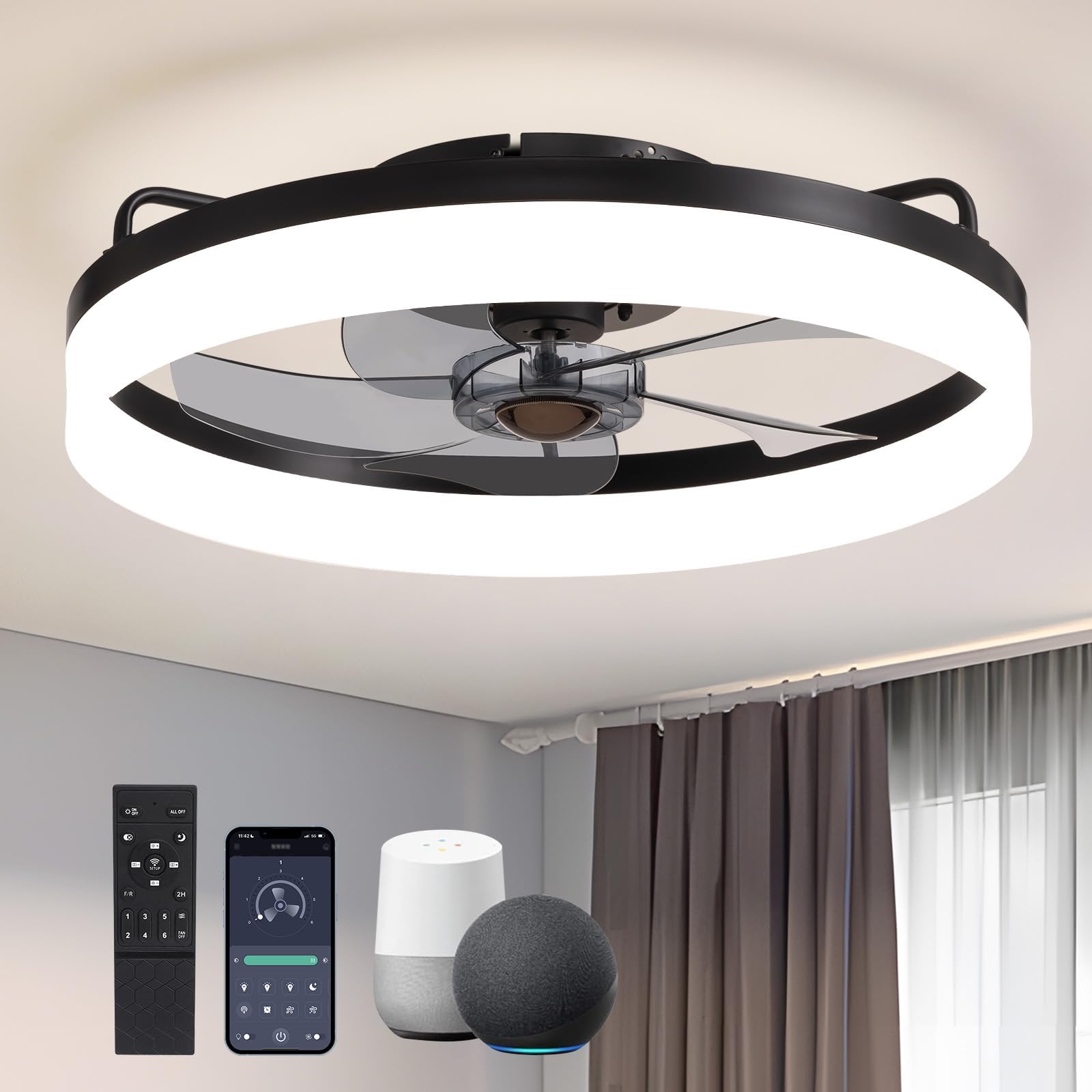 SILJOY LL-6001BL-02 Flush mount Ceiling Fan with Light and Remote Control Include