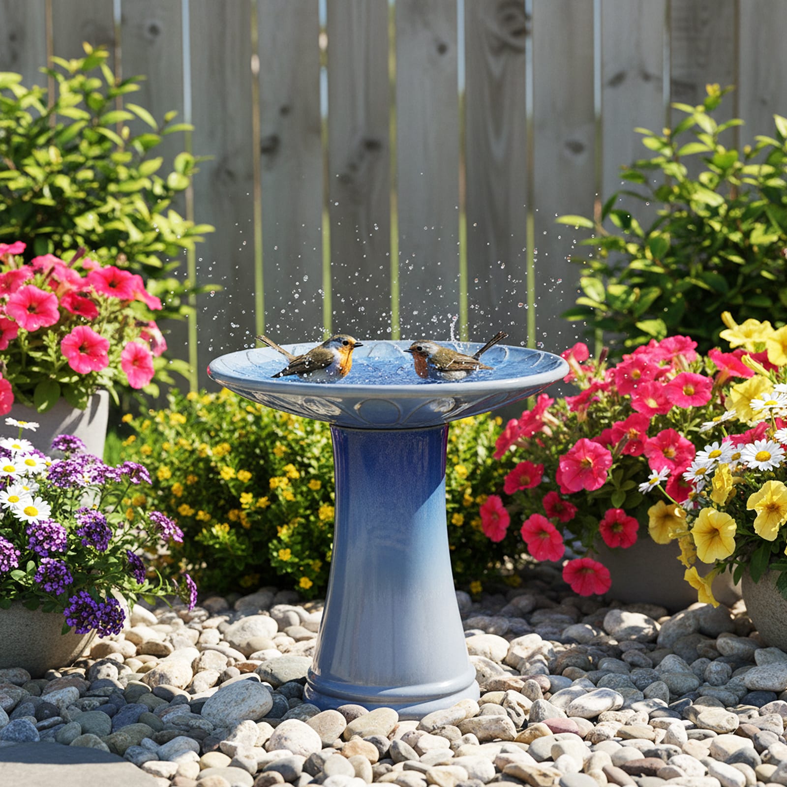 Watnature  17 Inch Ceramic Bird Bath Outdoor Pedestal Lightweight Glazed Floral Pattern Birdbath Garden Decor Blue Ombre