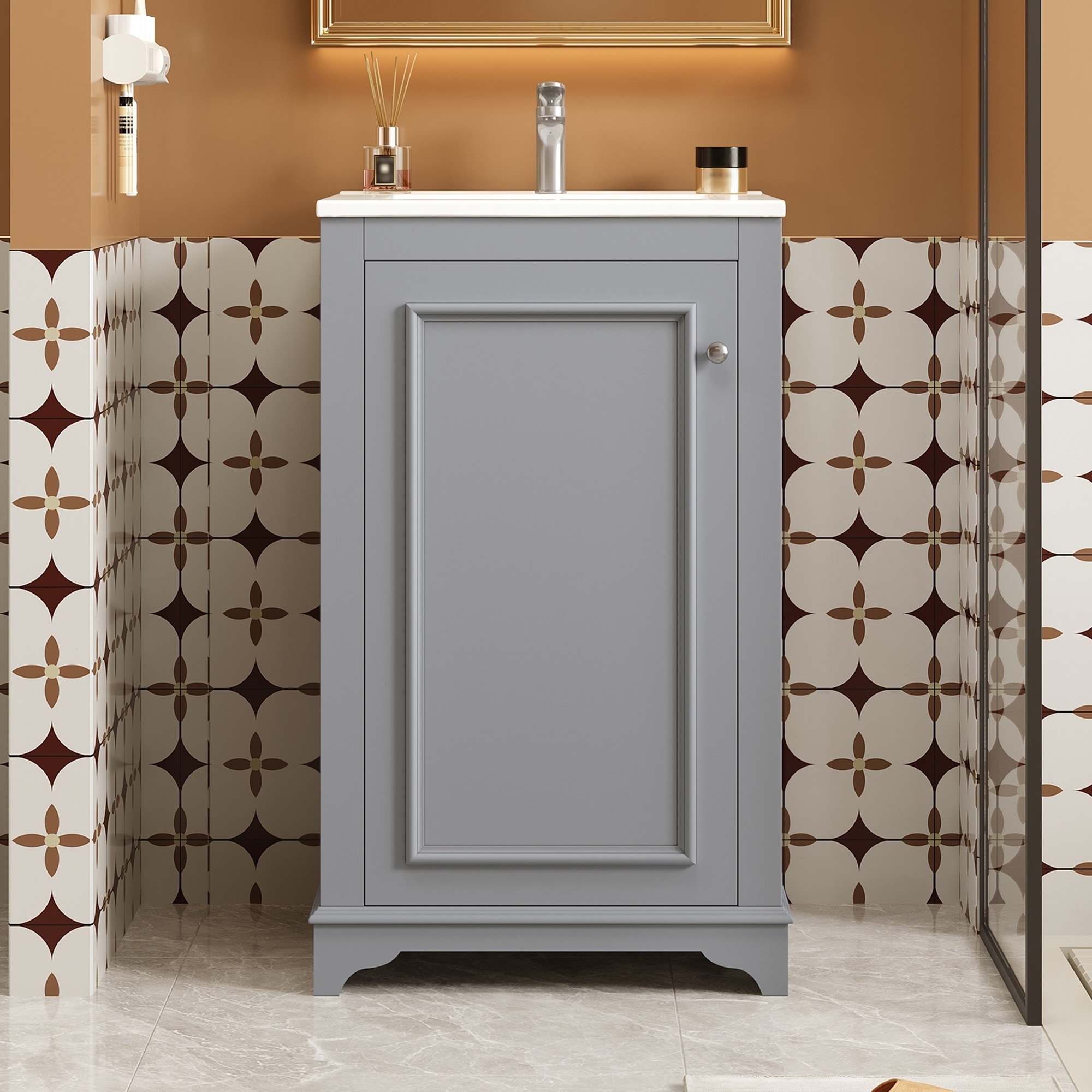 IAK - 20 inch Gray Bathroom Vanity with Ceramic Sink and Soft Closing Door