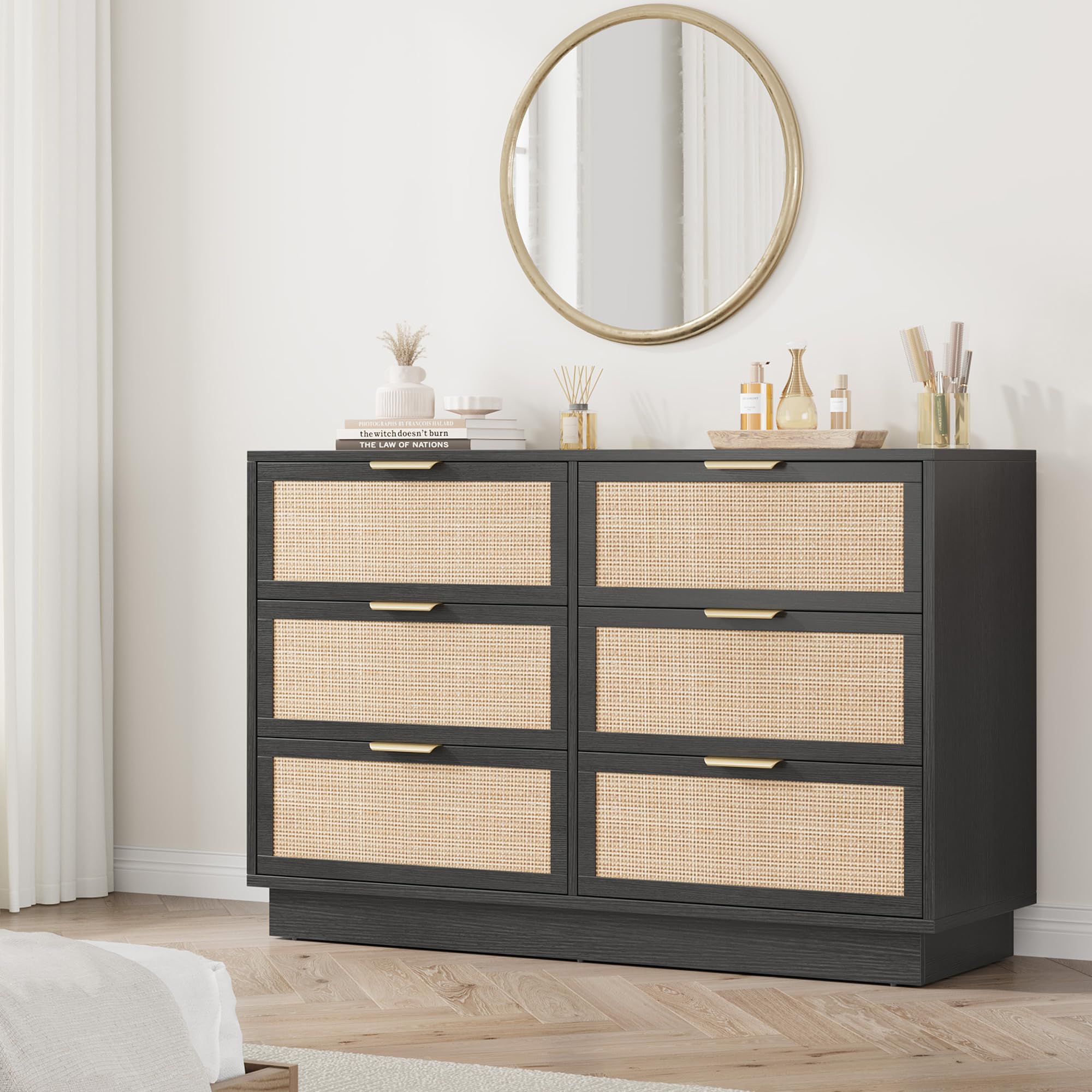 Garvee Black Rattan 6 Drawer Dresser For Bedroom Integrated Cabinet Body Legs Design Wooden Chest Of Drawers For Hallways Entryways Closet Easy 