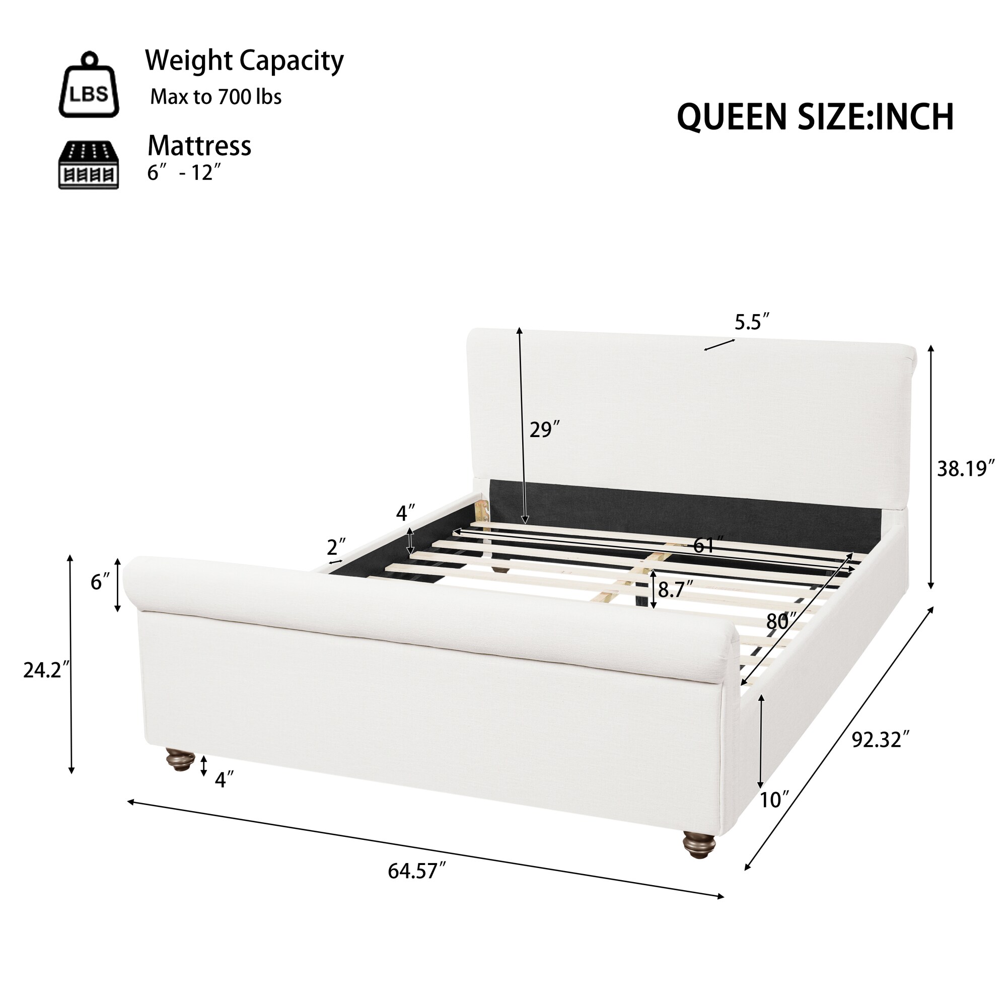 Roomfitters Queen Size Platform Bed Frame Upholstered Sleigh Bed ...