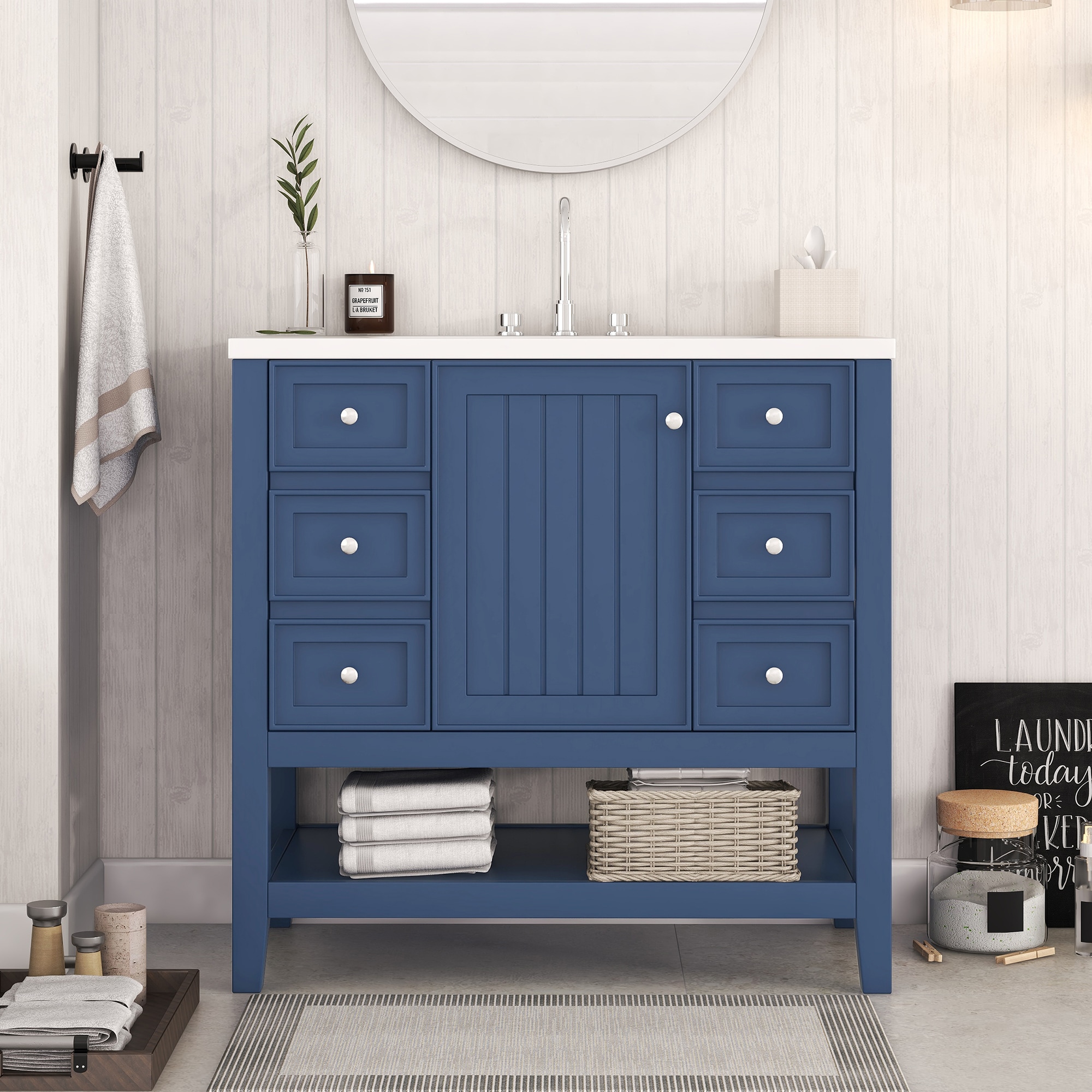 Homy Casa 36 in W Blue Bathroom Vanity with White Ceramic Sink 3 Soft Close Drawers Adjustable Shelf and Open Storage (Assembly Required)