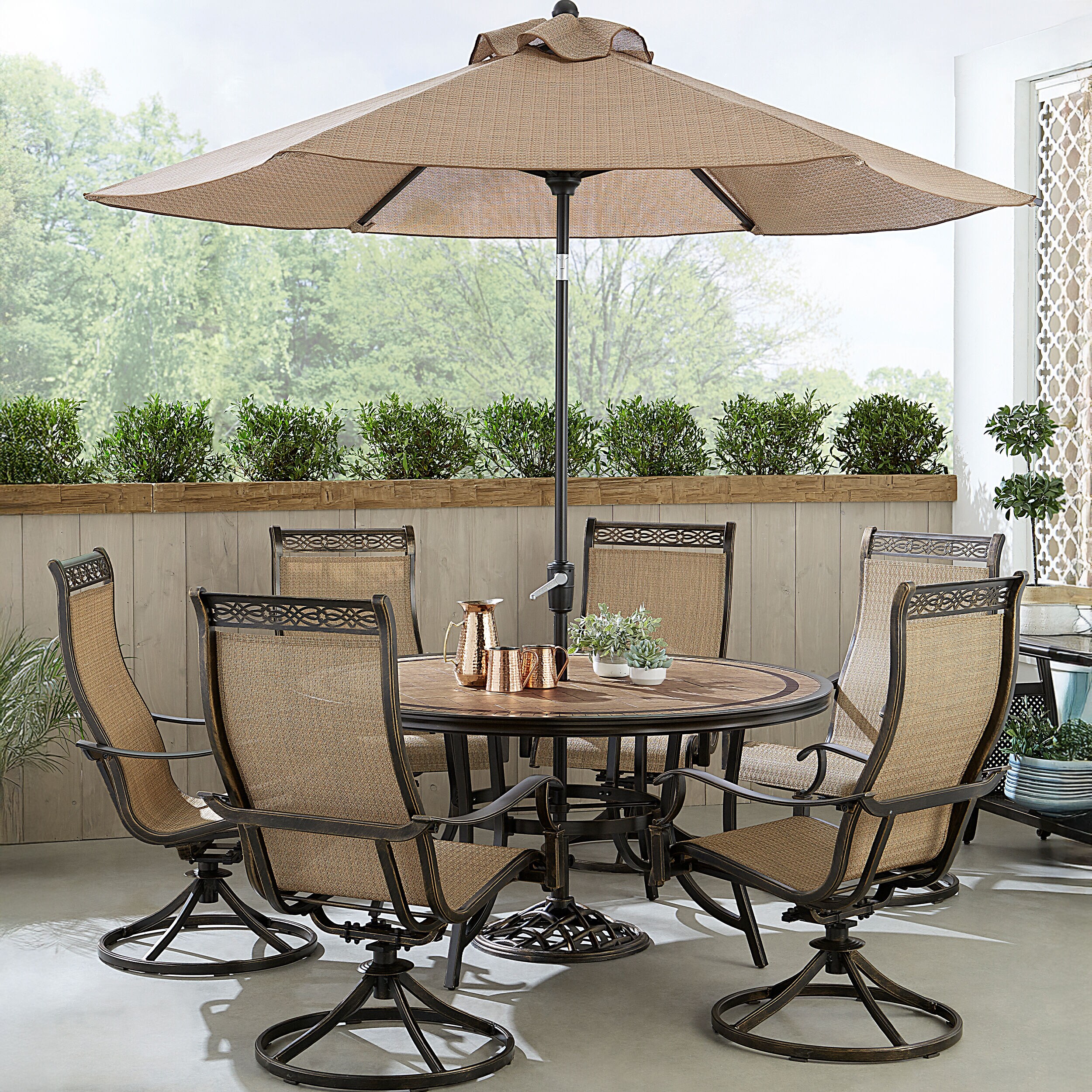 Hanover MONDN7PCSW6RDTL-SU 7-Piece Tan Wicker Patio Dining Set with Tan