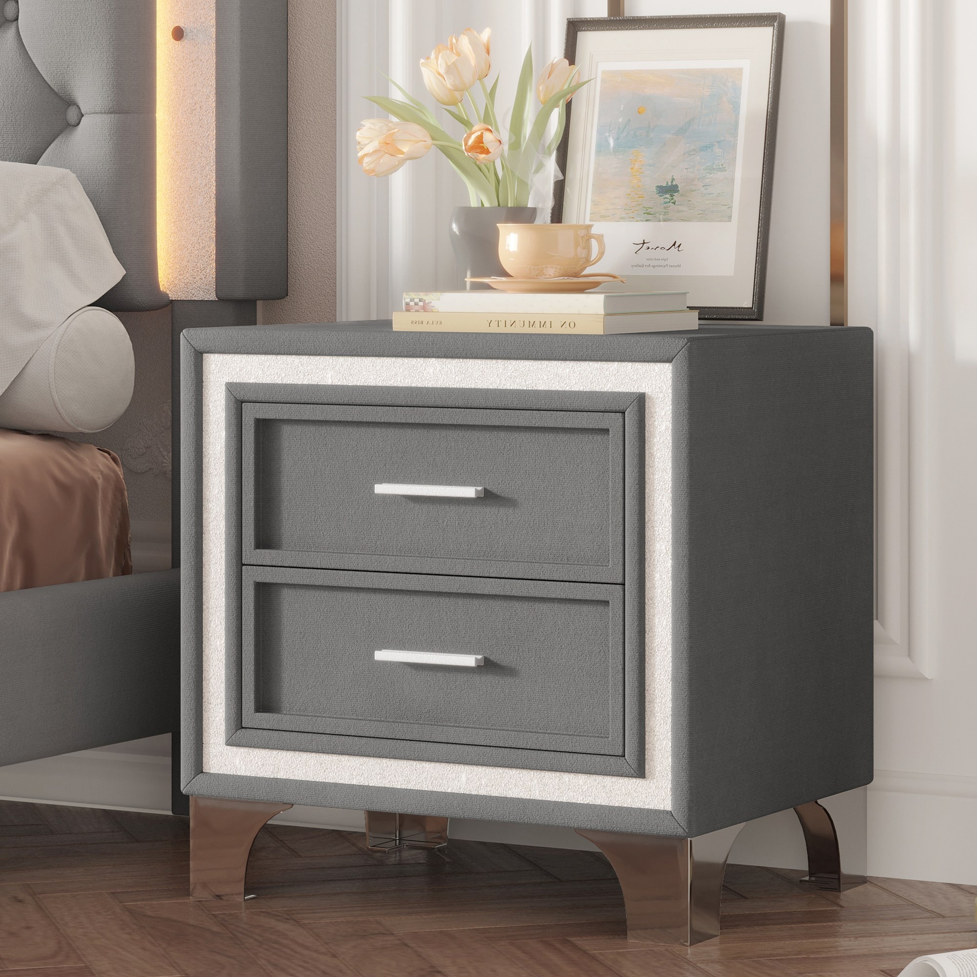 Dexmalle N733P183659E Gray Nightstand with Silver Glitter Strip Decor and 2 Drawers
