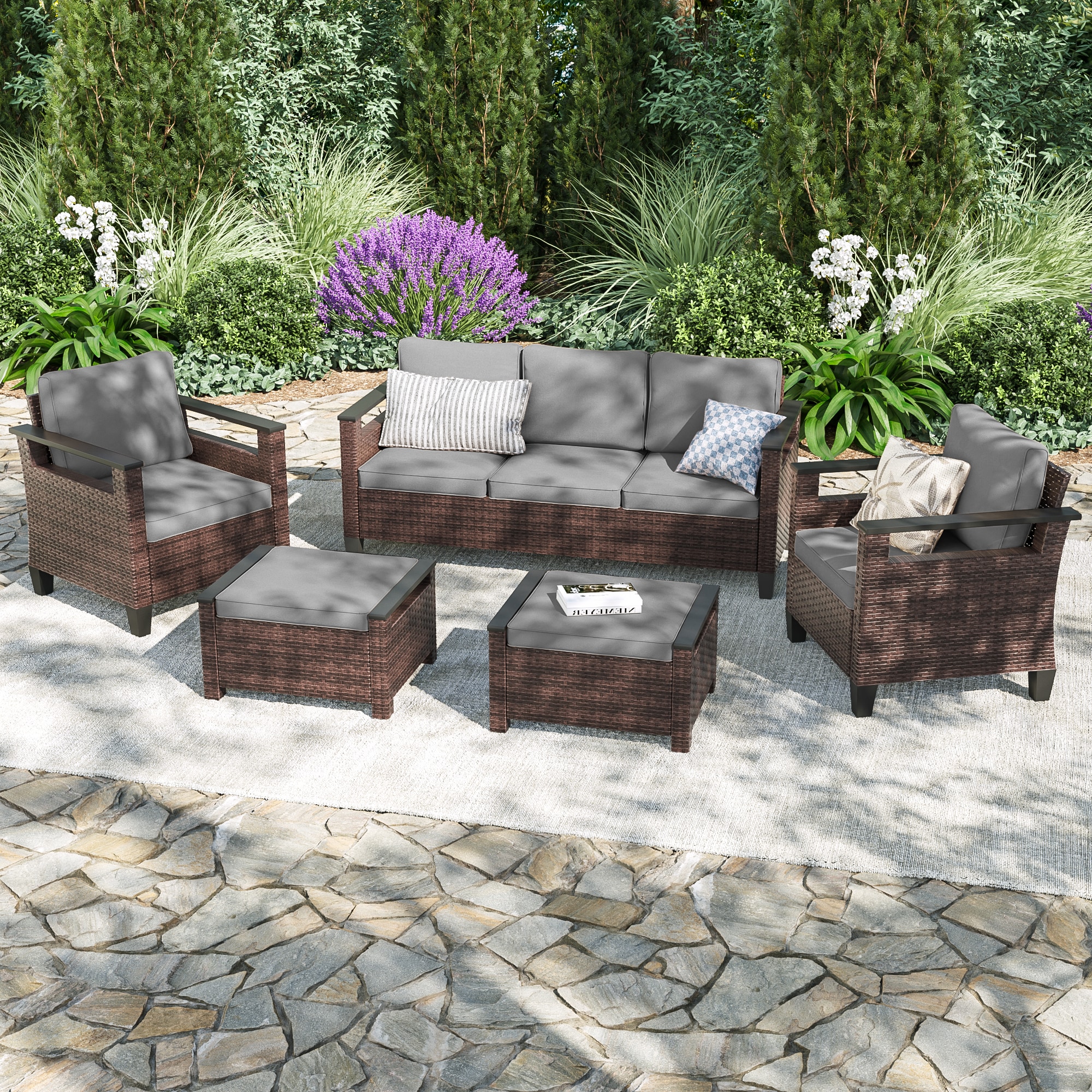 Sonkuki - Rattan Furniture 5 -Piece Wicker Patio Conversation Set with Gray Cushions Included