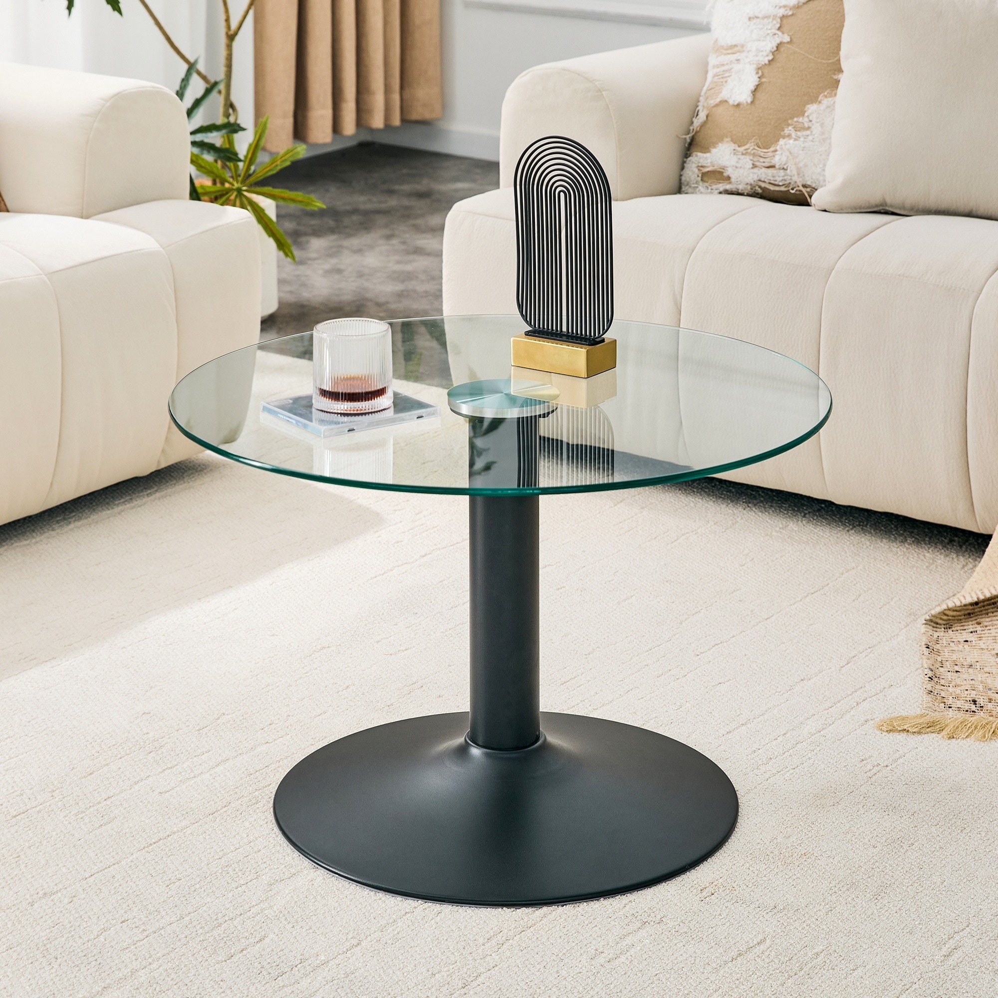 Horizons Prime - 28 inch Transparent Tempered Glass Coffee Table with Black Metal Base and Light ...