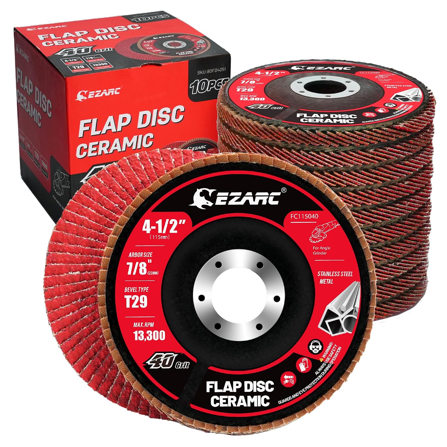 EZARC  Ceramic Flap Discs 40 Grit 4-1/2 x 7/8-Inch Type 29 10-Pack