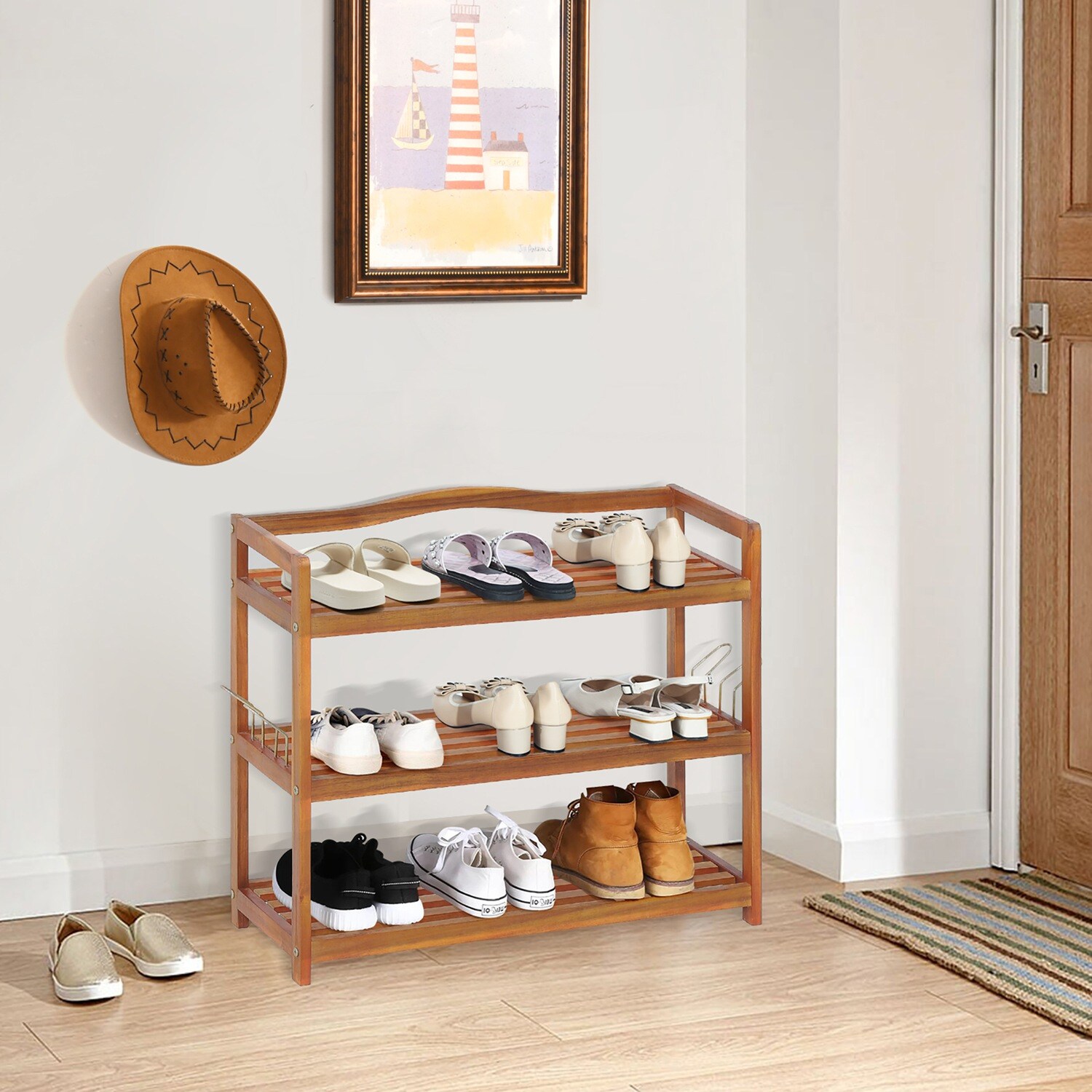 Costway 3-Tier Wood Shoe Rack Solid Acacia Wood Shoe Shelf with Side ...