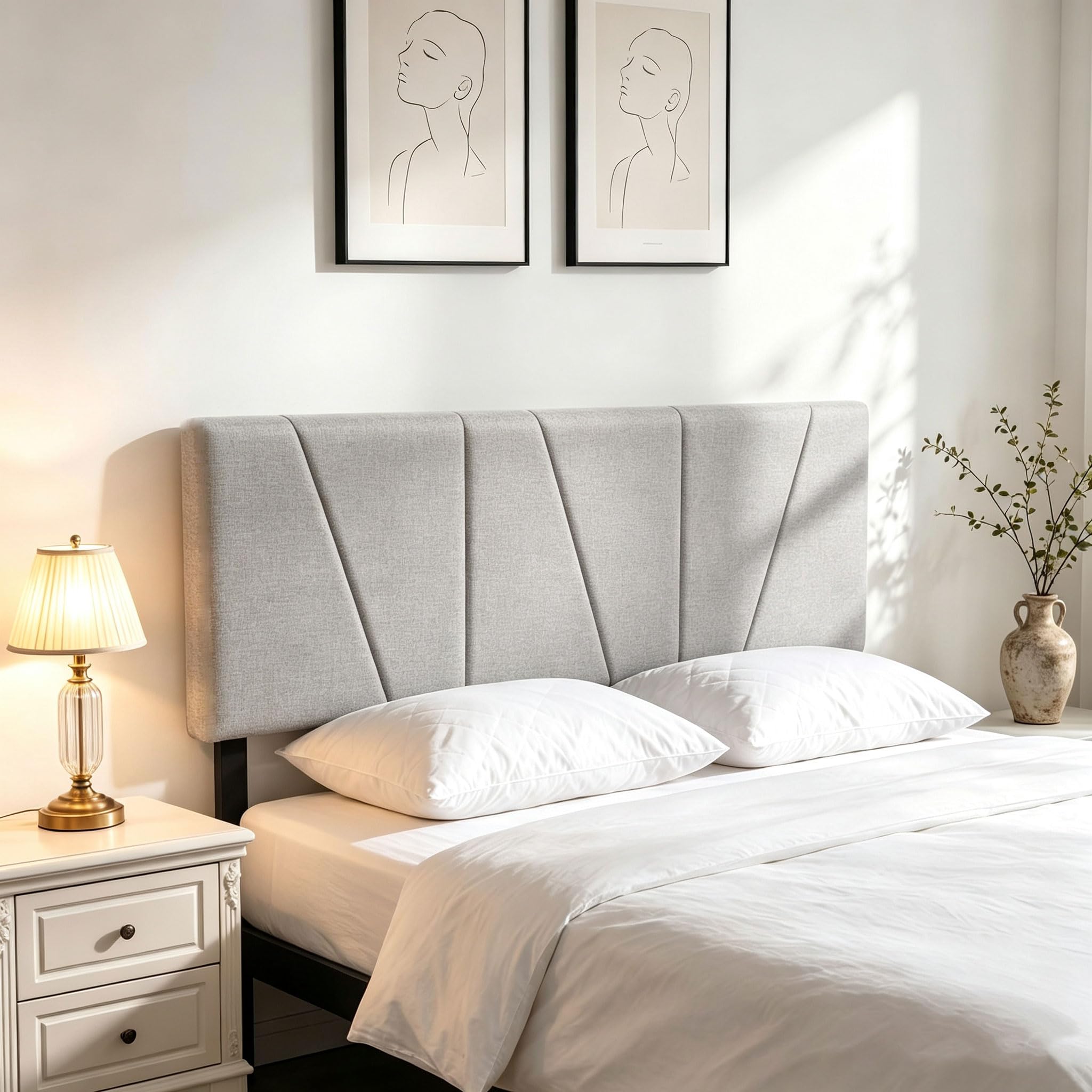 Garvee - Queen Gray Upholstered Headboard with Adjustable Height 40-46 in - Soft Striped Linen Lo...