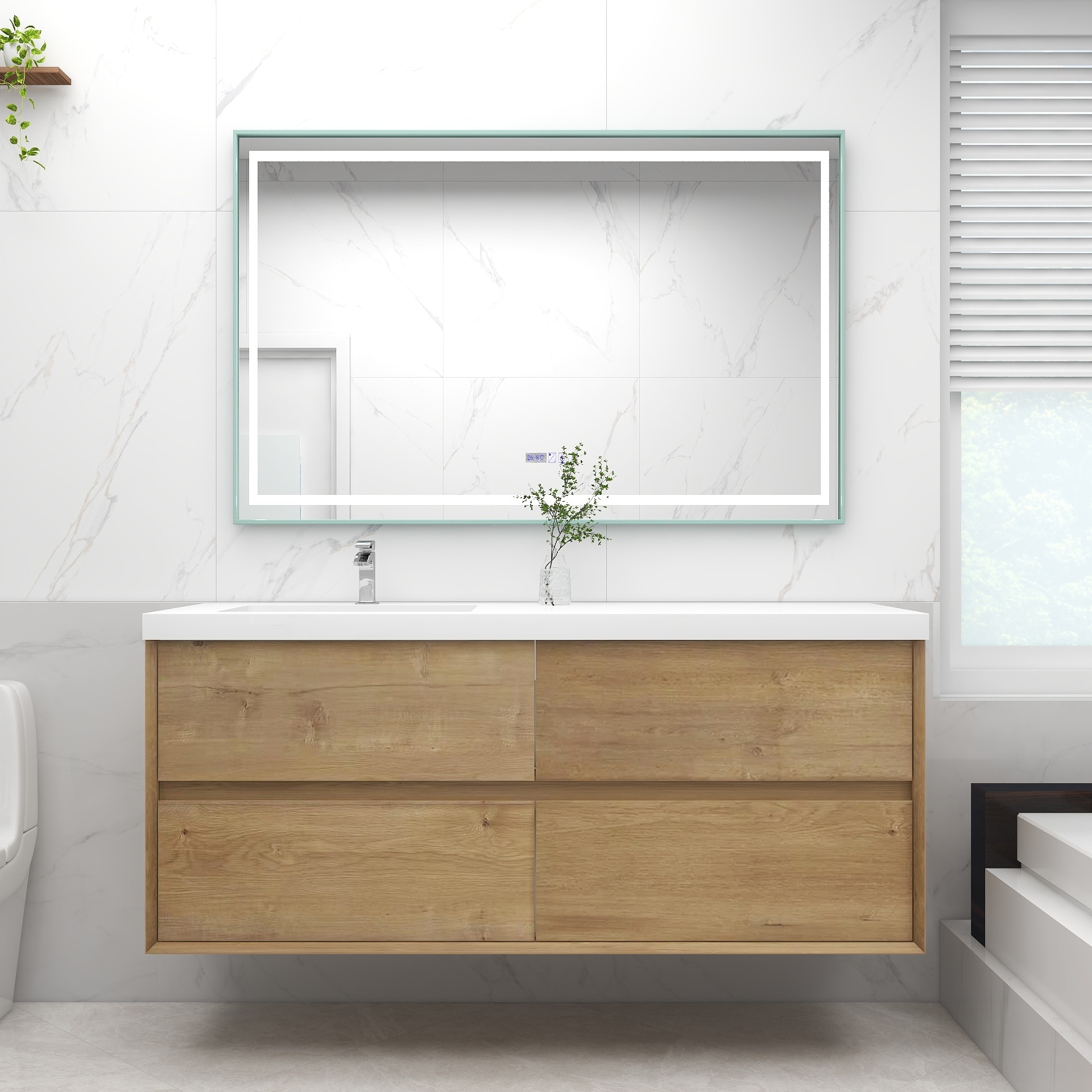 BV Better Vanity SLIM60SL-OAK Kingdee 60-in Teak Oak Single Sink Floating Bathroom Vanity with White / Left Side Sink Acrylic Top