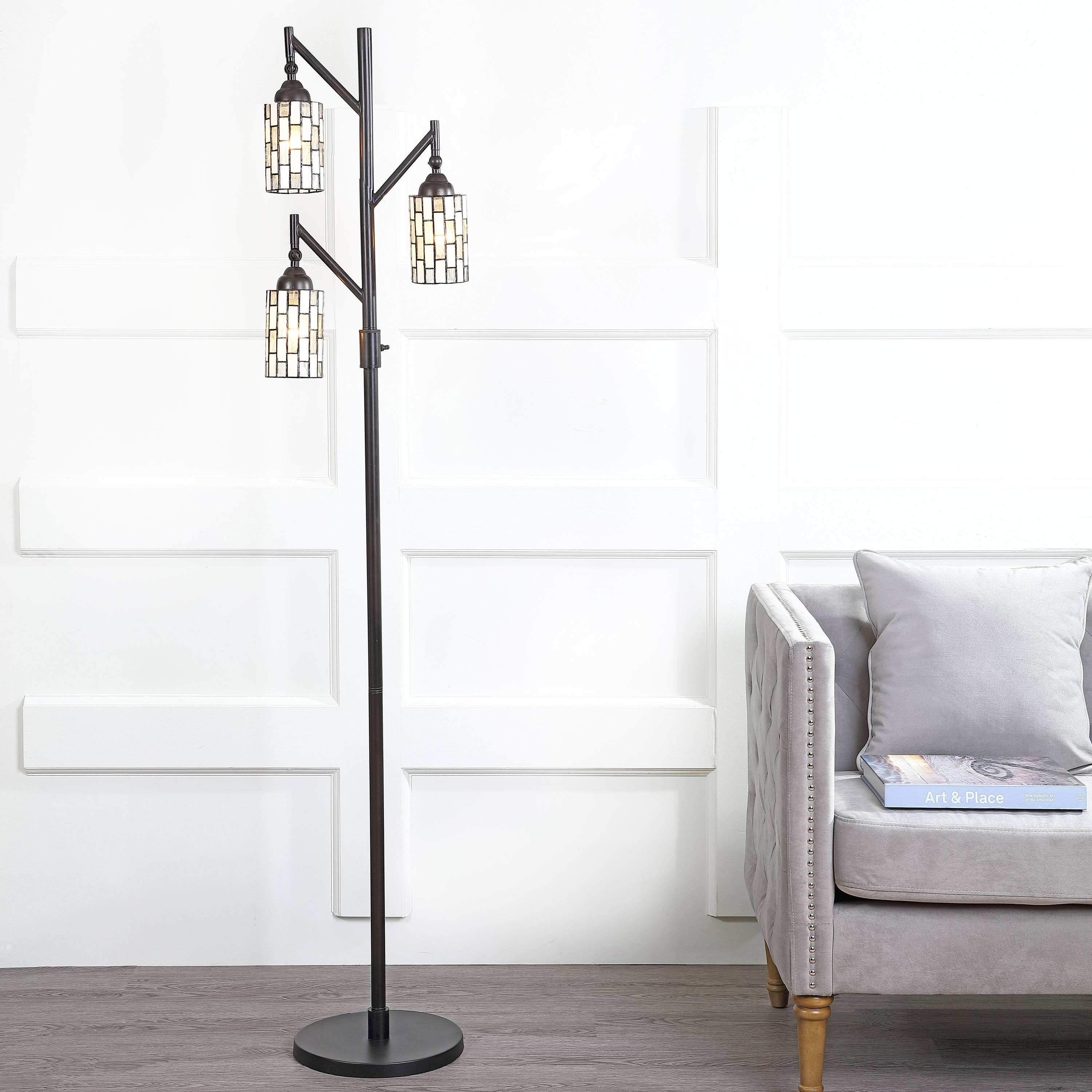 JONATHAN Y Lewis Tiffany-Style 71-in Bronze Torchiere Floor Lamp in the ...