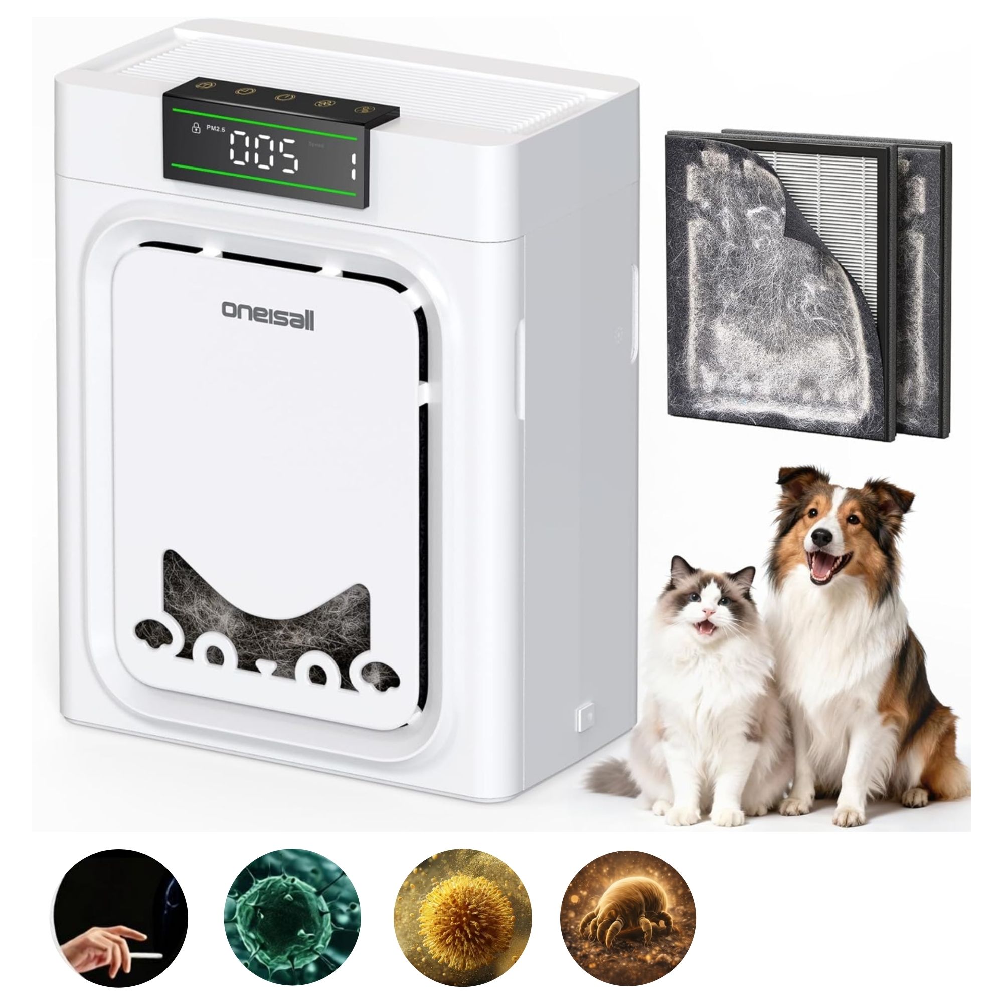 oneisall HEPA Pet Air Purifier for Home 2200 Sq Ft Large Room with Washable Double Sided Filter Air Quality Auto Monitor 4 Speed Sleep Timer