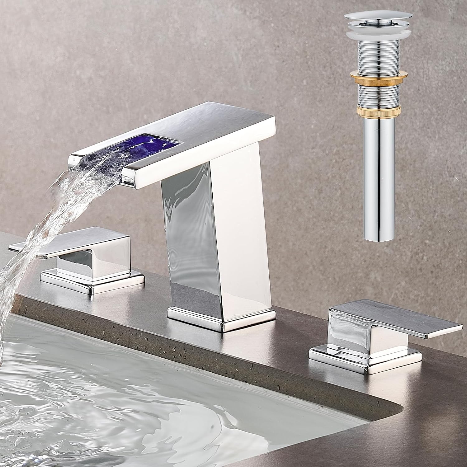 AVSIILE 8 Inch Widespread Bathroom Sink Faucet 3-Hole 2-Handle Waterfall Spout with LED Temperature Indicator Chrome Finish