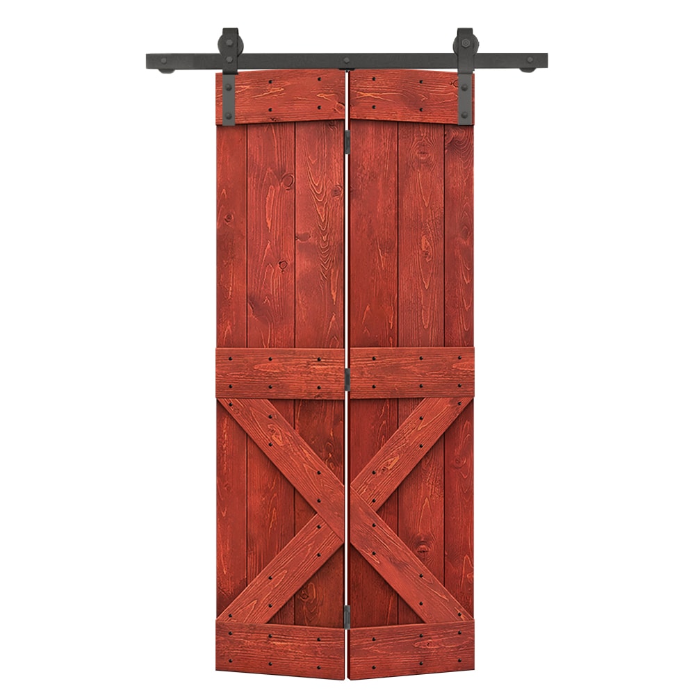 CALHOME BF1100S+011-26H 26-in x 84-in Cherry Red Stained X-frame Pine Wood Solid core Single bifold Barn Door (Hardware Included)