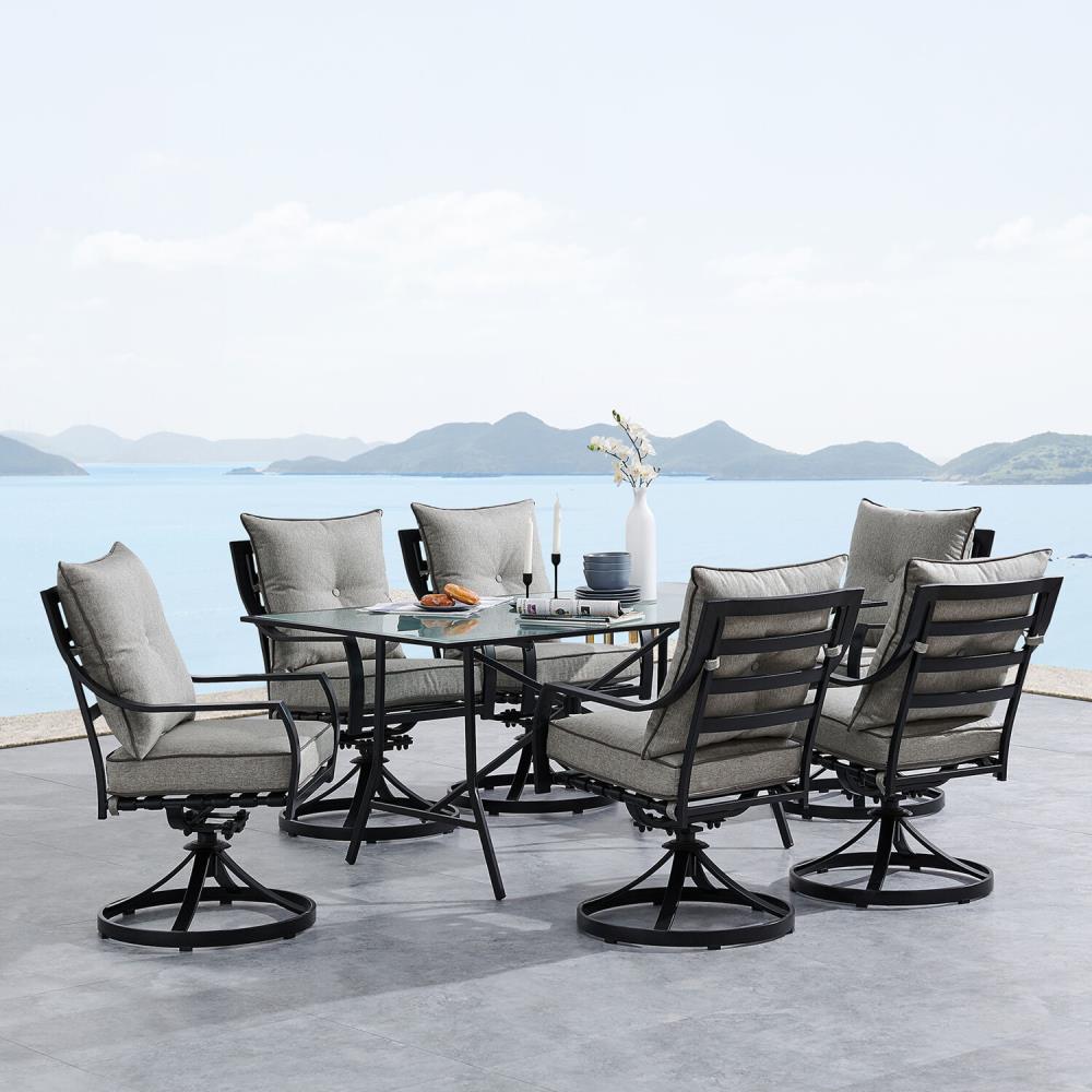 Hanover LAVDN7PCSW-SLV Lavallette 7 -Piece Black Patio Dining Set Steel Rectangle Table with 6 Silver Cushions Swivel Rocker Chairs