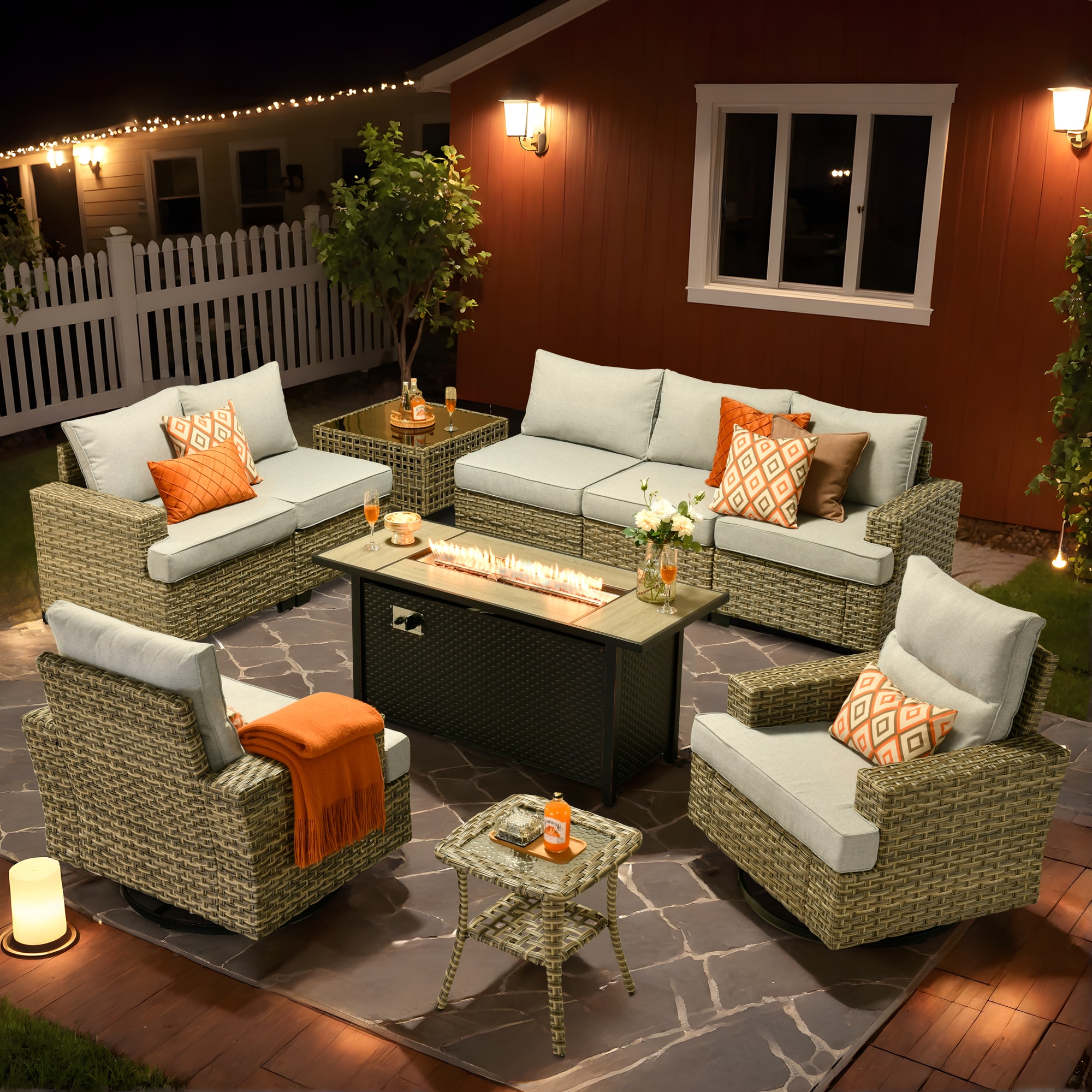 Pouuin SCFPTYZBS409 7 -Piece Wicker Patio Sofa Conversation Set with Light Gray Cushions
