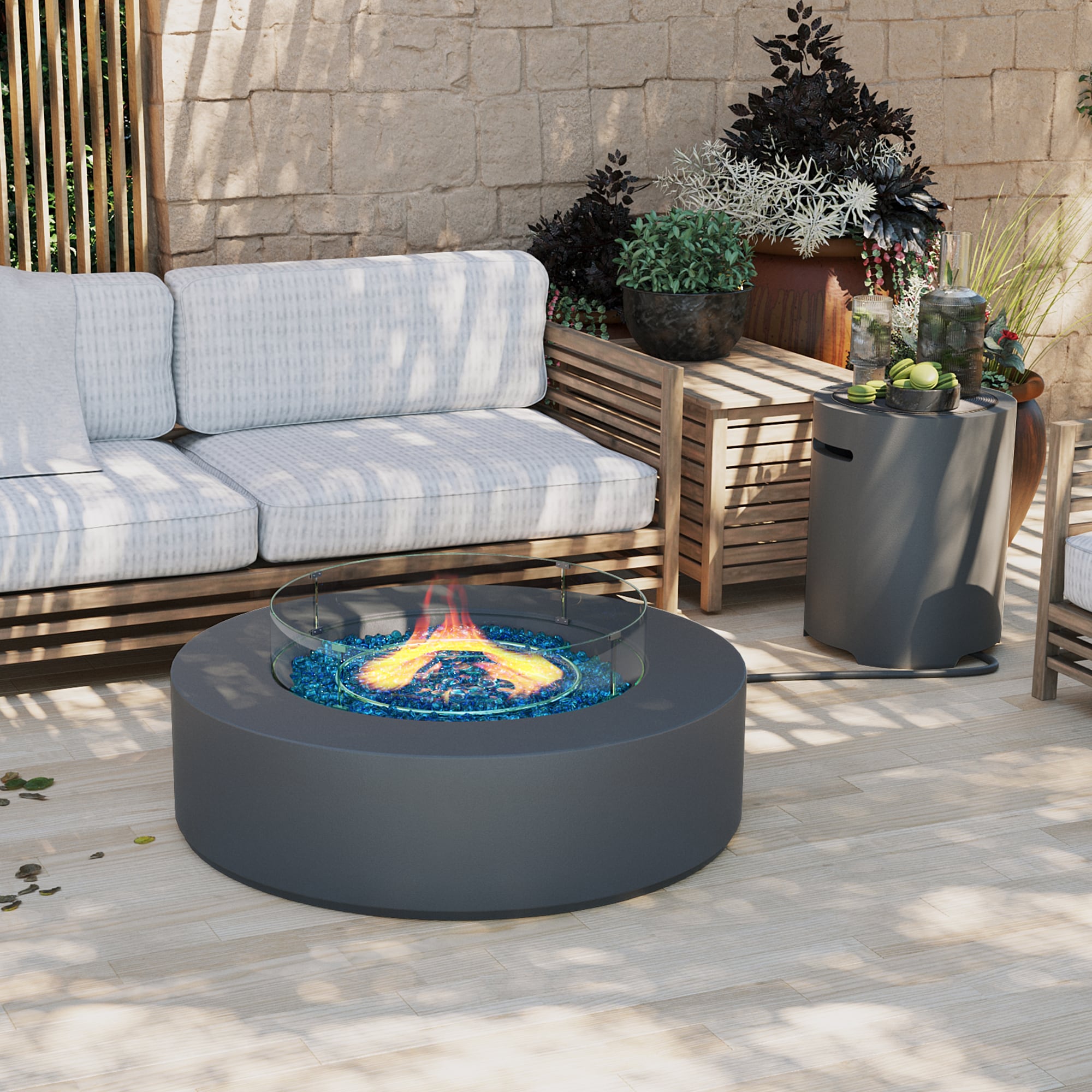 Patio Watcher 42M-YX-DGRAY-GST 42-in W Dark Gray Magnesium oxide Round Liquid propane Fire pit table