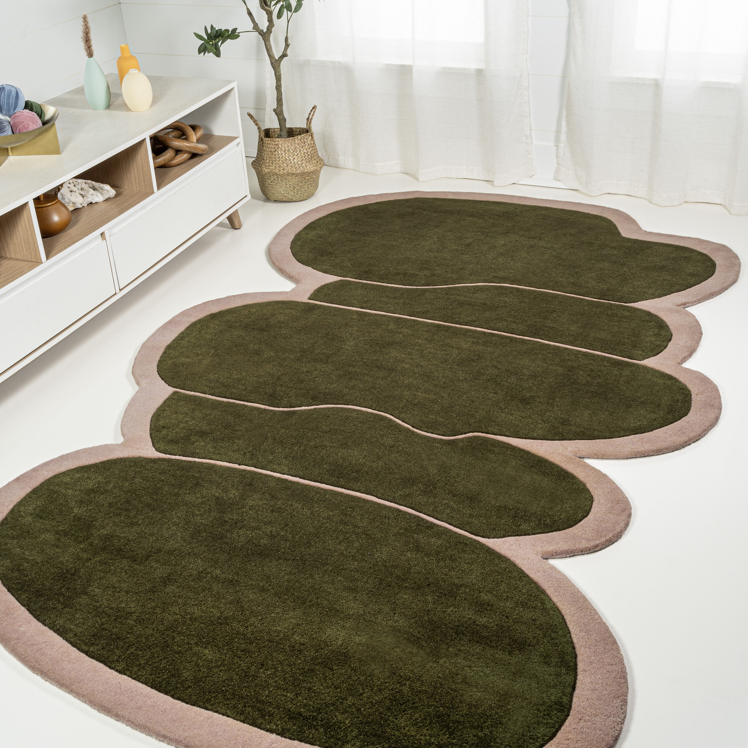 Whimsical Green and Pink Handwoven Wool Kids Area Rug, 6' x 9'