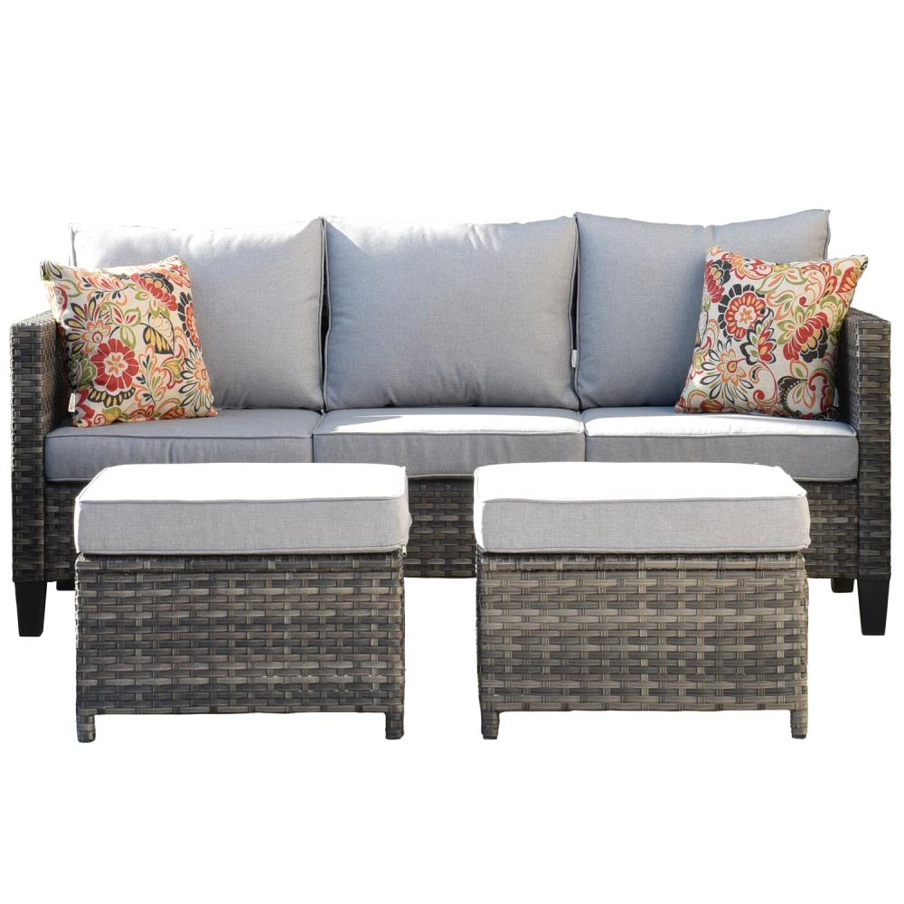 Ovios New Vultros Rattan Outdoor Sofa with Light Gray Cushions and Iron ...