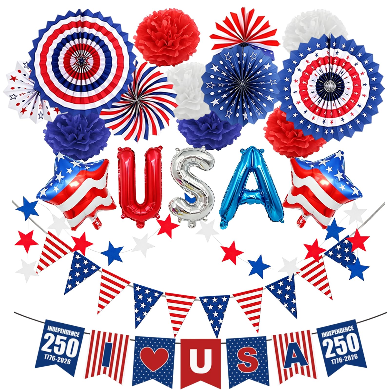 CYIKE  America 250 Decorations Fourth of July Decorations Set Red White Blue American Flag Banner Paper Fans Star Streamers Hanging Swirls for