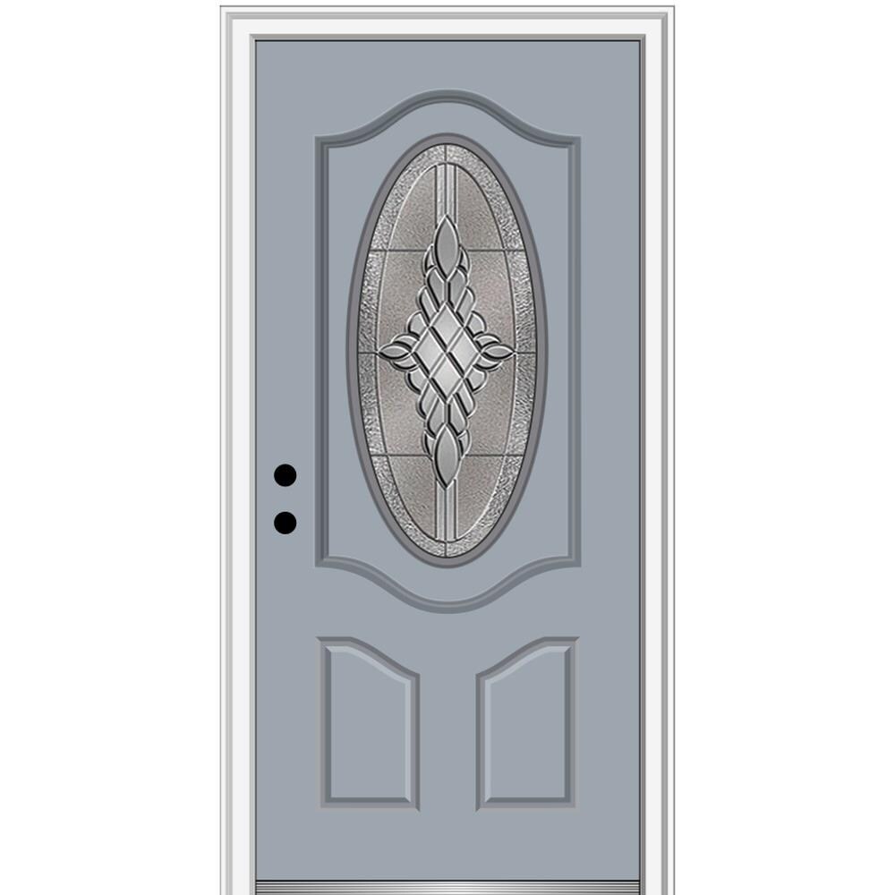 MMI DOOR ZZ3667730R 36-in x 80-in x 6-9/16-in Fiberglass Oval lite Right-hand inswing Storm Cloud Painted Prehung Front Door with Brickmould Insulating core