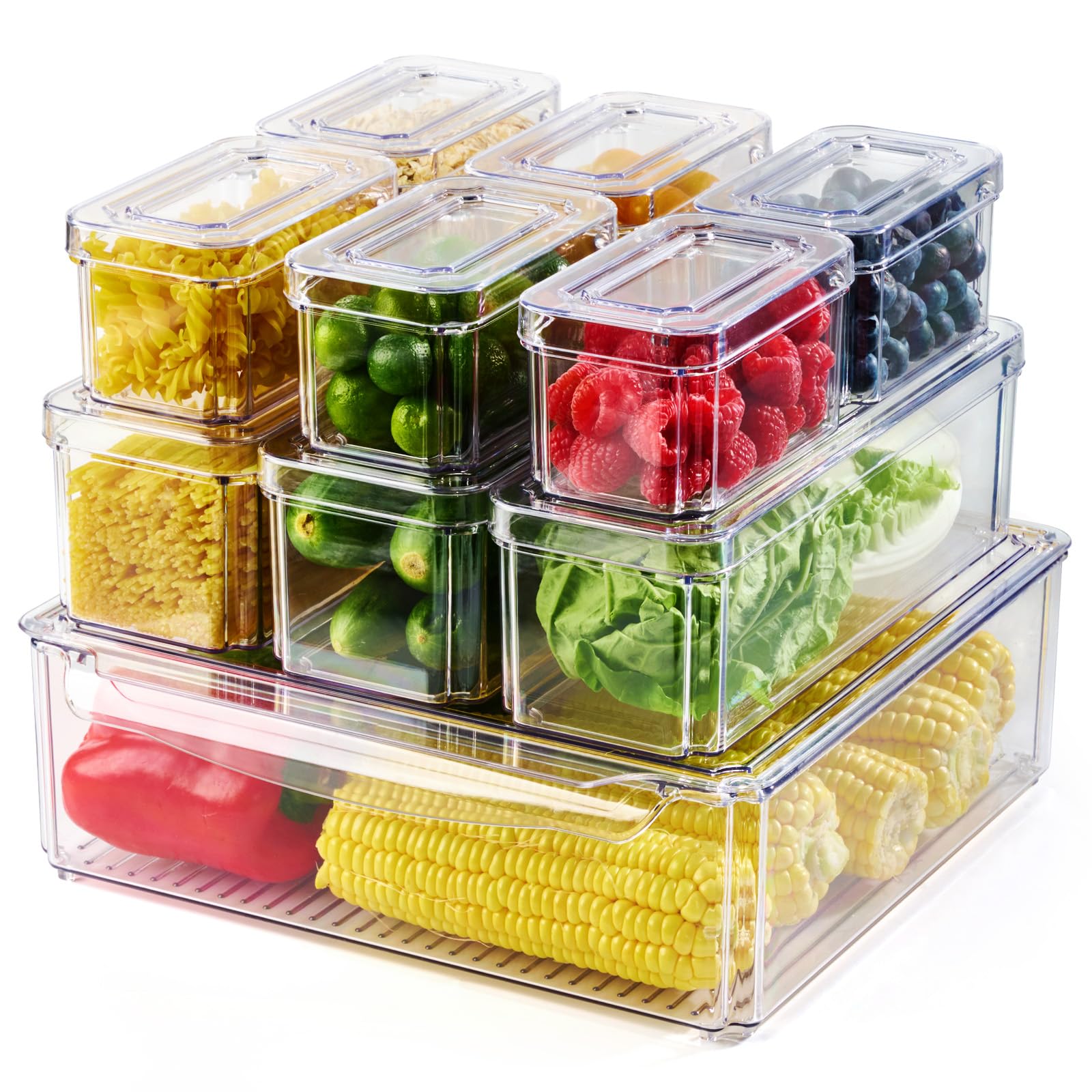 LILILIAN FMY  10 Pack Clear Fridge Organizer Stackable Refrigerator Storage Bins with Lids for Kitchen Food Cabinets Fruits Vegetables Cereals