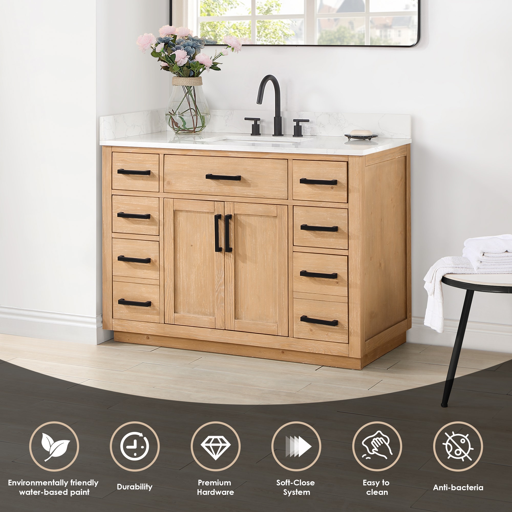 Gavino 48" Light Brown Wood Vanity with Mirror and Stone Top