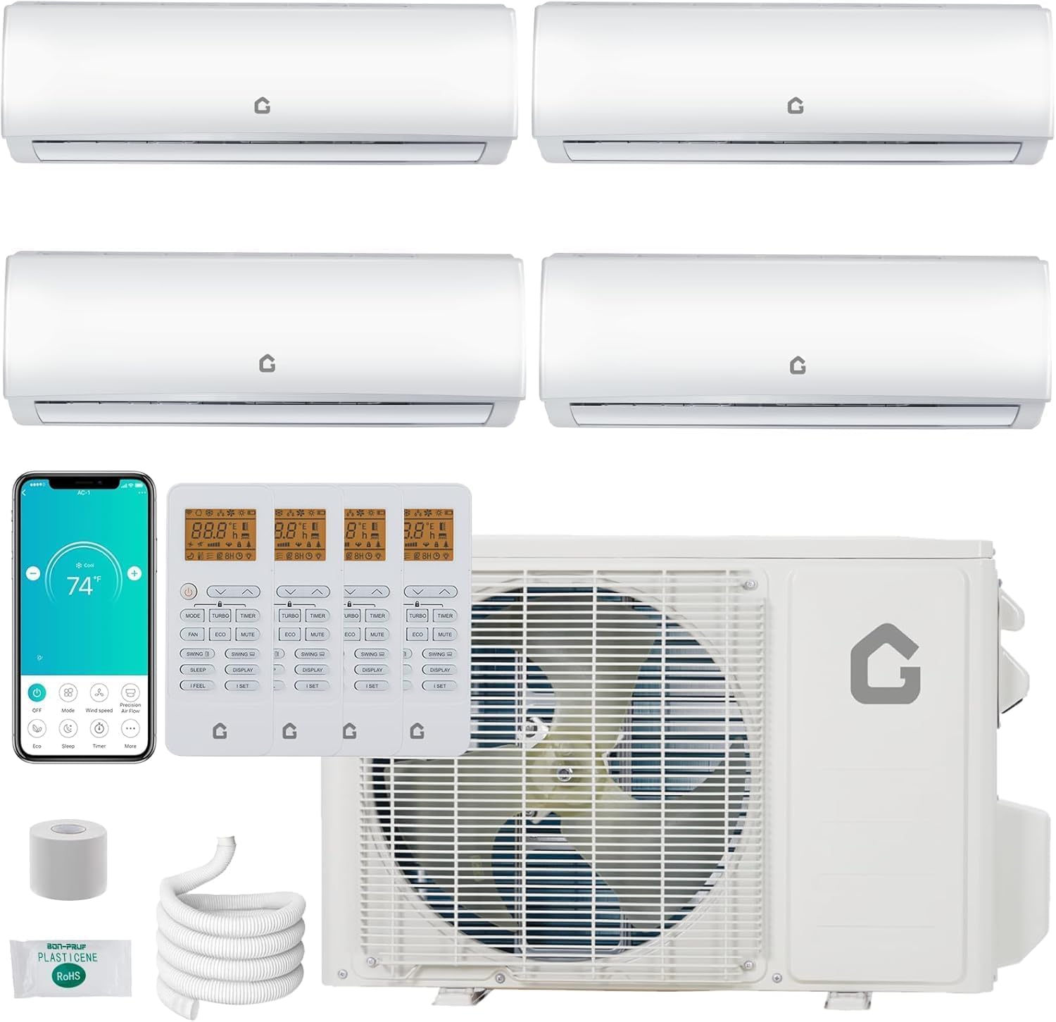 Garvee 35000 BTU 4 Zone Mini Split AC Heating System WiFi Enabled 20 SEER2 208-230V 4 Zone 9000 + 12000 + 12000 + 12000 BTU Ductless Split Unit AC with Pre-Charged Condenser Heat Pump