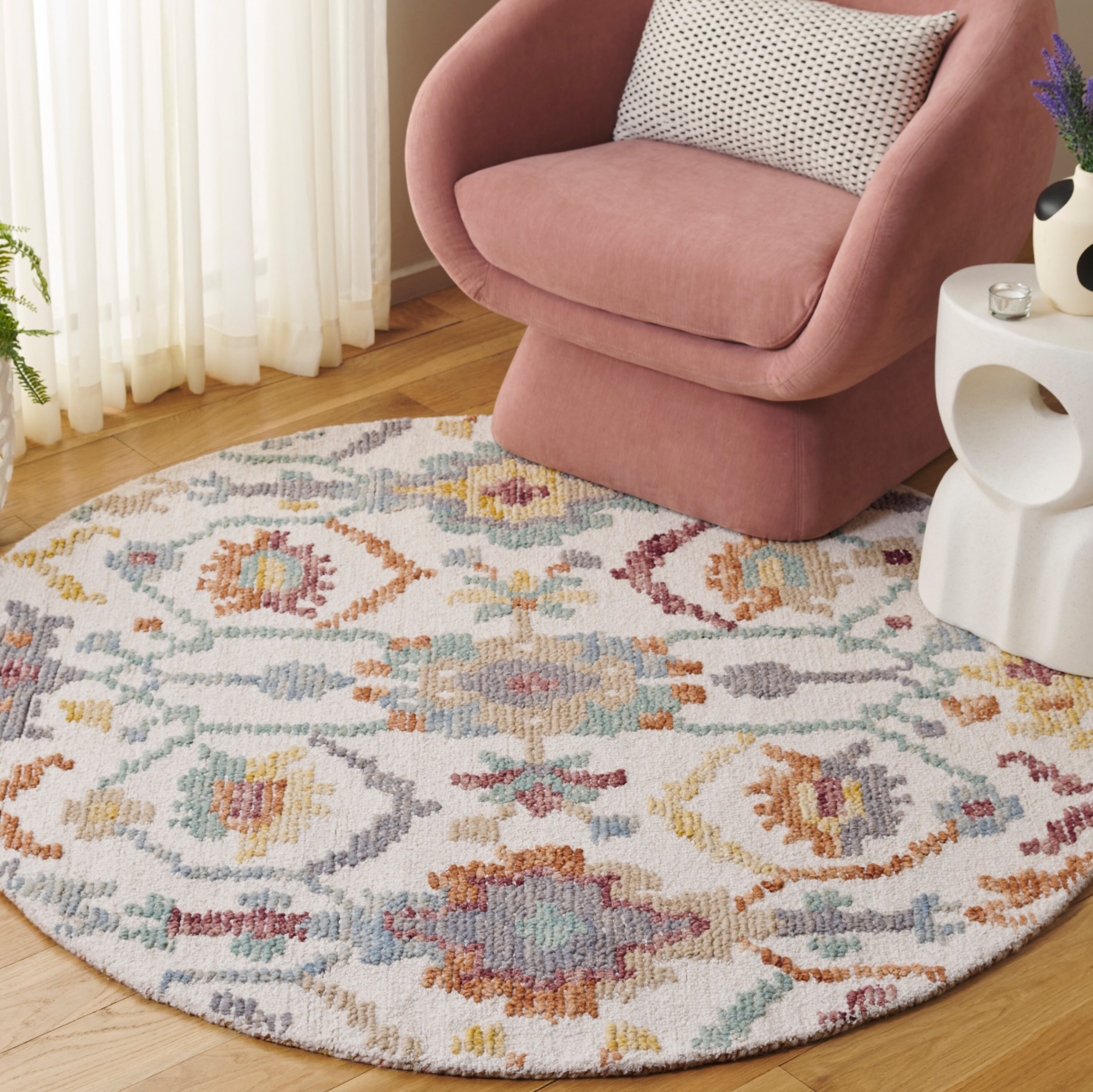  Aspen 102 Ivory/Green Bohemian 5ft x 5ft Round Rug