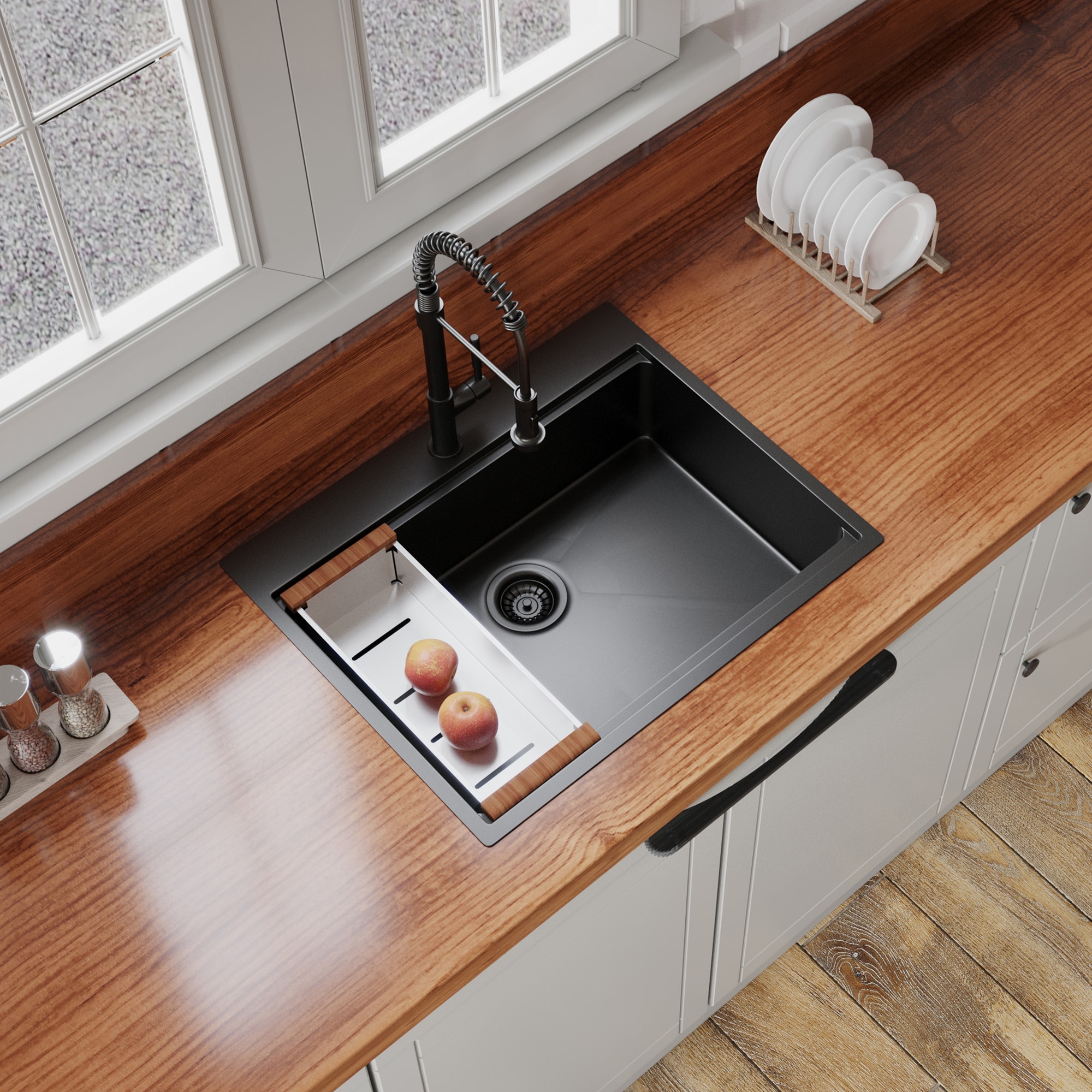 RITSU  30 in x 22 in Black Drop In Kitchen Sink 16 Gauge Stainless Steel Workstation Sink with stainless steel construction and 16 gauge thickness and drop in topmount installation and workstation ledge design