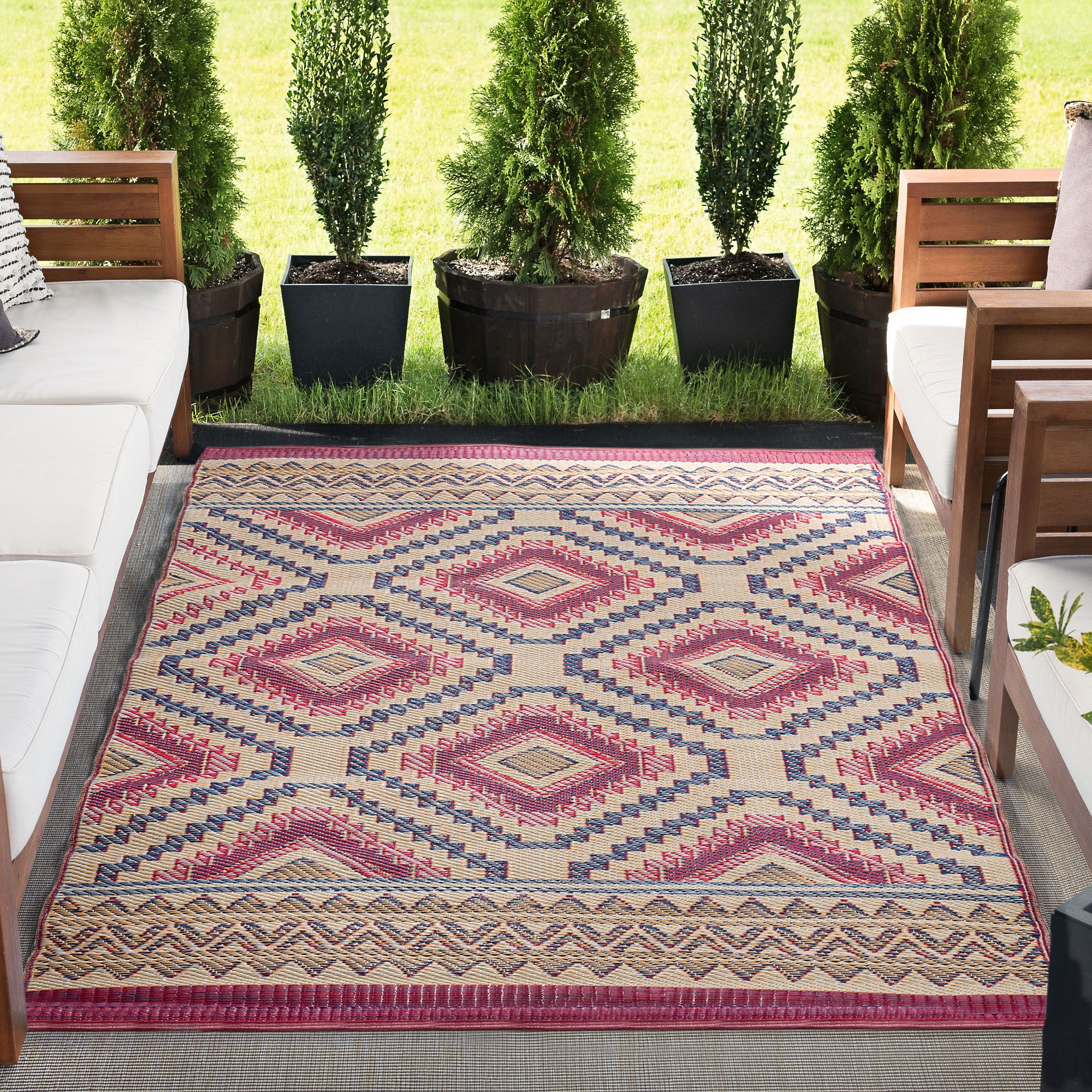 Tayse SUN2000 9X12 Sunset 9 x 12 (ft) Flatweave Polypropylene Burgundy Rectangular Outdoor Geometric Coastal Area rug