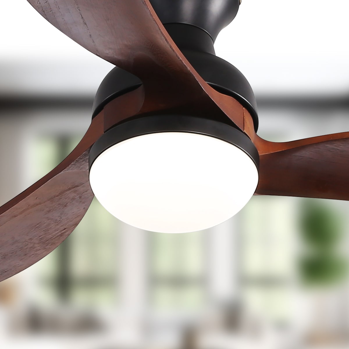 Sofucor LS-52K034-BK-DC-HTM 52-in Color-Changing Integrated LED Flush Mount Black with Wood Blades Ceiling Fan Without Light - Remote Included ( 3 -Blade )