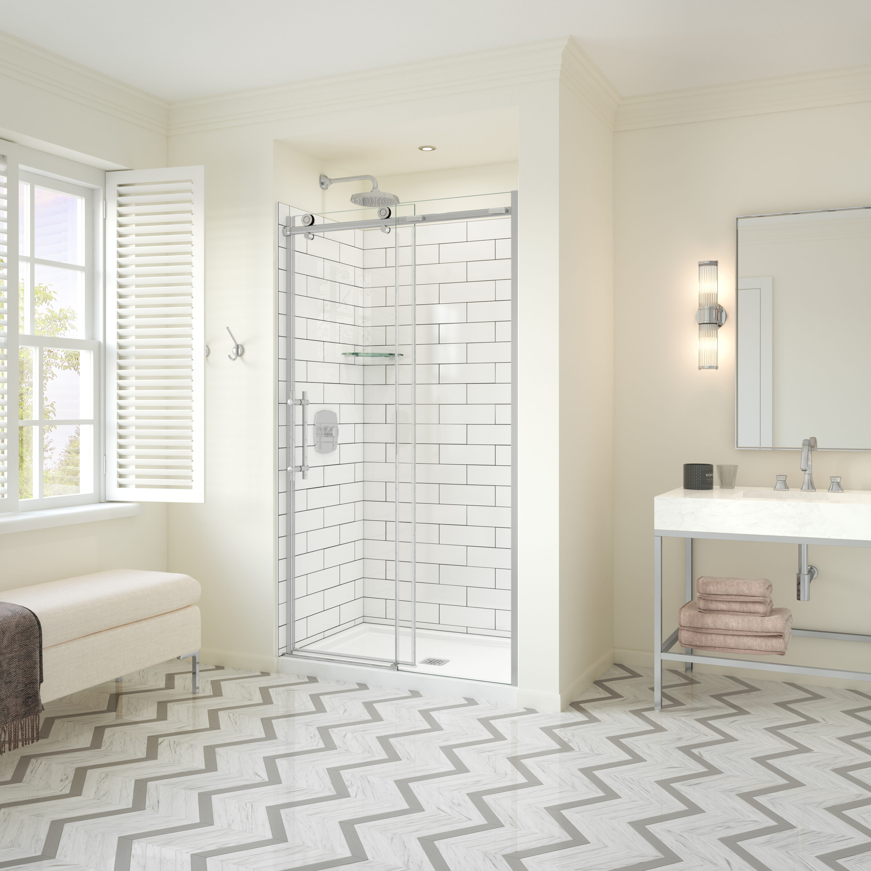 MAAX 137421-900-084-000 Odyssey Chrome 45-in to 47-in W x 78-Inches H Frameless Sliding Soft Close Shower door 5/16-in Thick Clear Glass