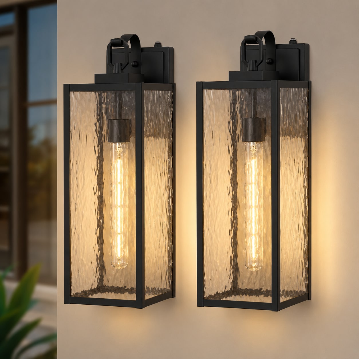 DORESshop 2 Pack Photocell Outdoor Wall Light with Water Ripple Glass Sand Black