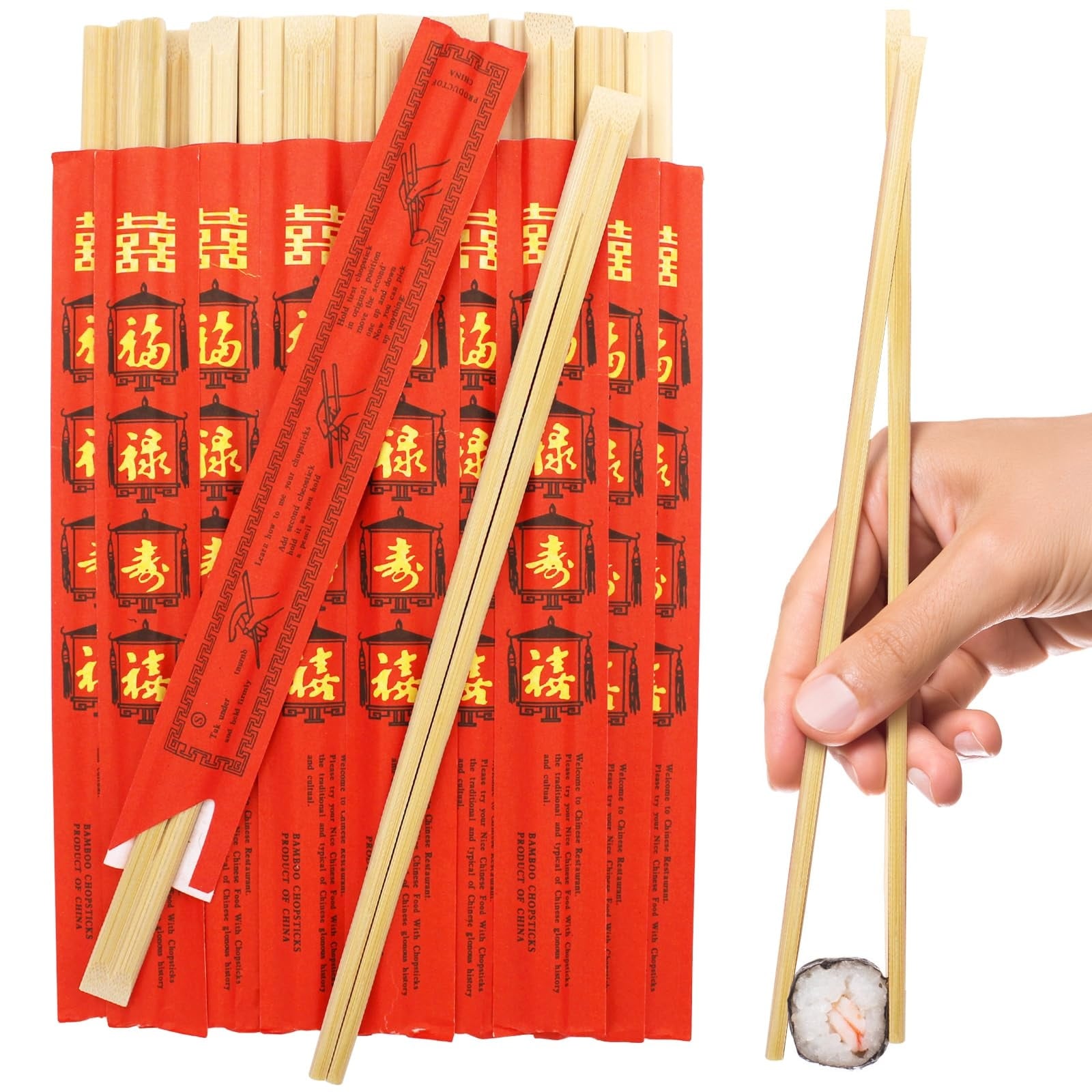 Aoibox  50 Pc 9 in Red Bamboo Disposable Chopsticks Individually Paper Wrapped with Chinese Good Fortune Script
