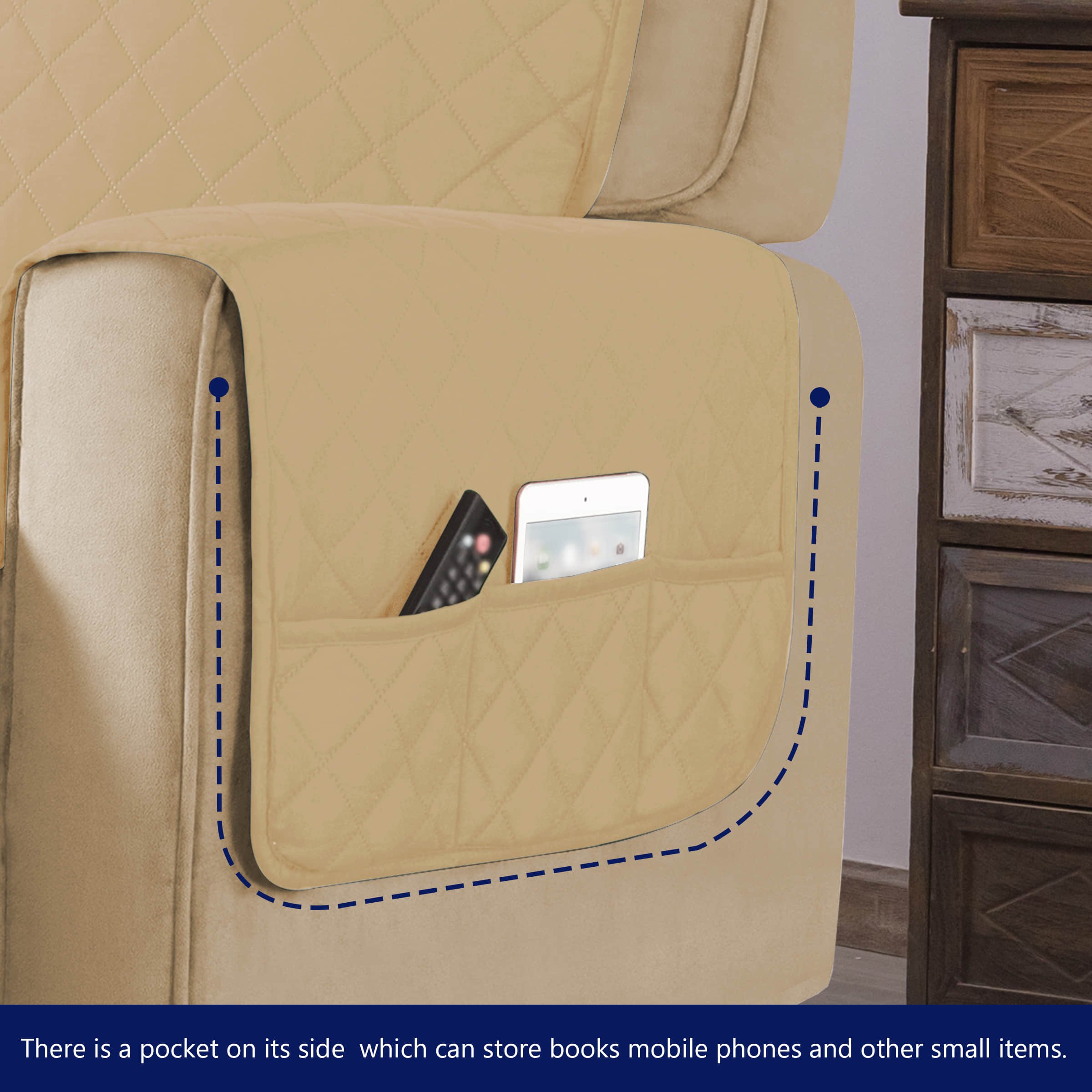 Sand Quilted Stretch Recliner Slipcover with Hook and Loop Closure