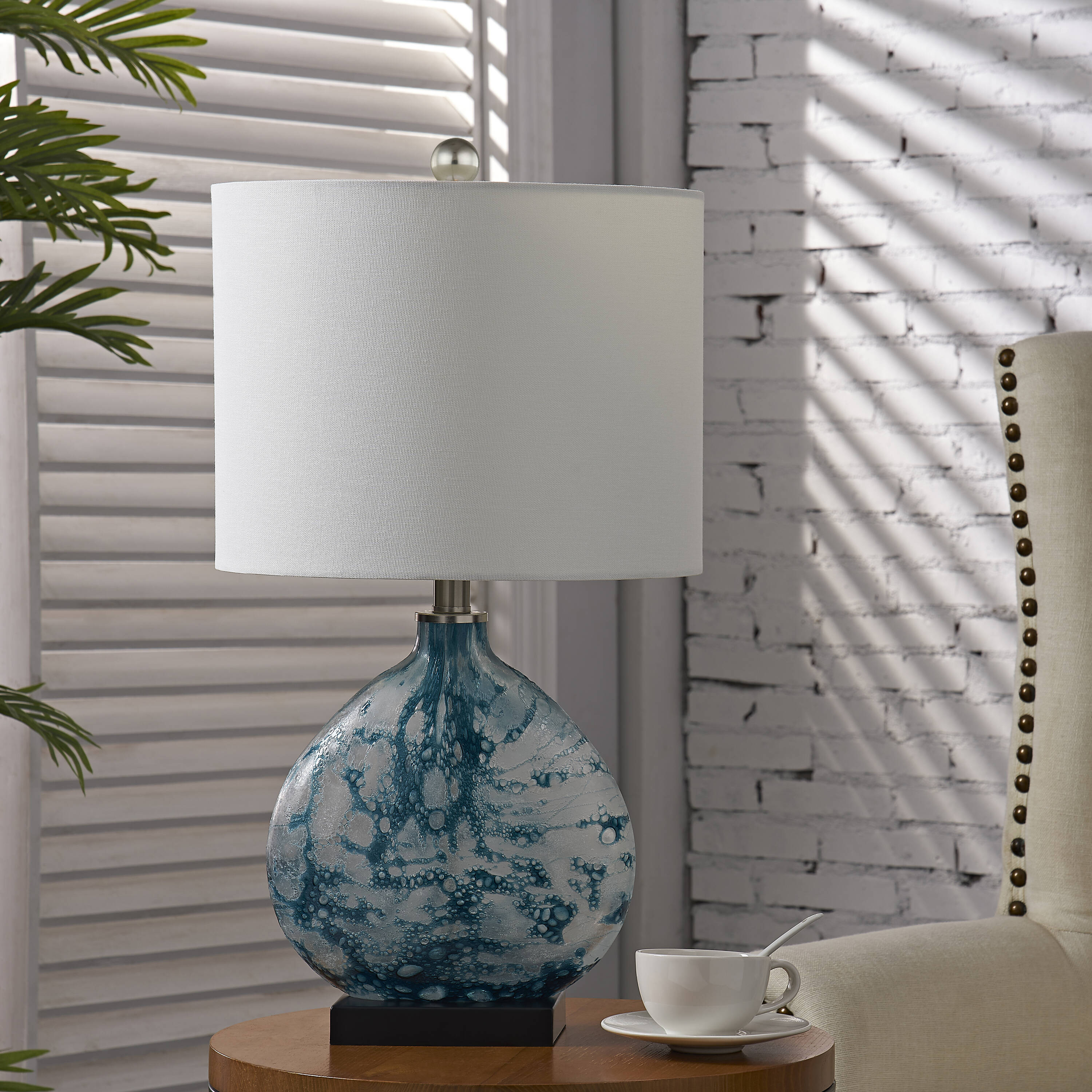 Maxax T101-BU-S Deluxe 23.5-Inches Blue and White LED Incandescent Rotary socket Table Lamp with Linen Shade