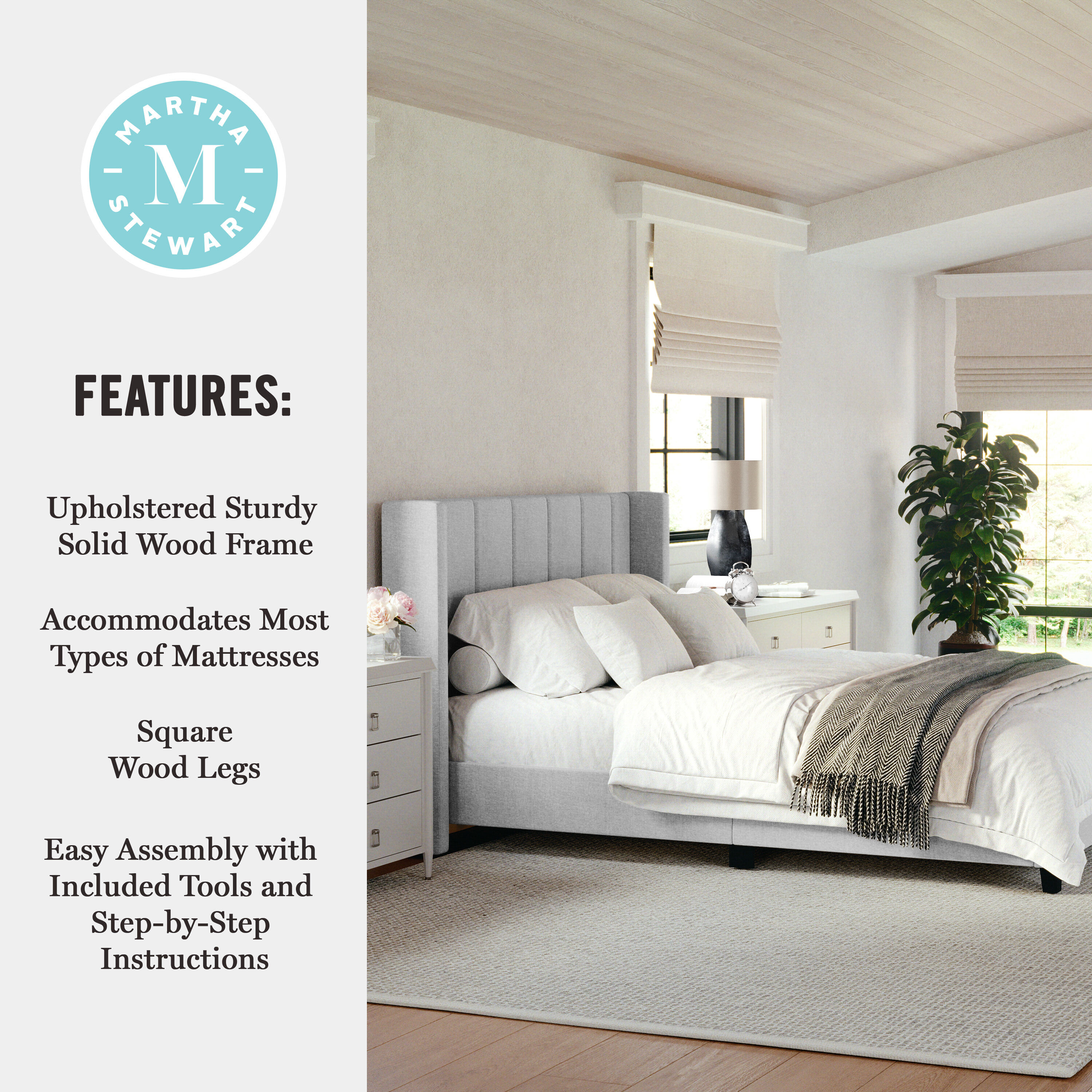Gray Full Upholstered Platform Bed with Linen Headboard