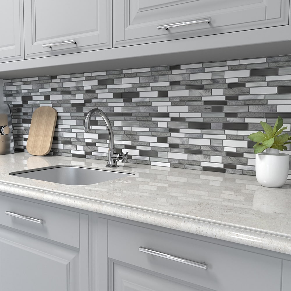 Peel Stick Mosaics Tribeca Silver and Gray 10 in x 10 in Multi finish Composite Linear Peel and Stick Wall Tile 0.694 sq. ft Piece LWPS191017 at Lowes