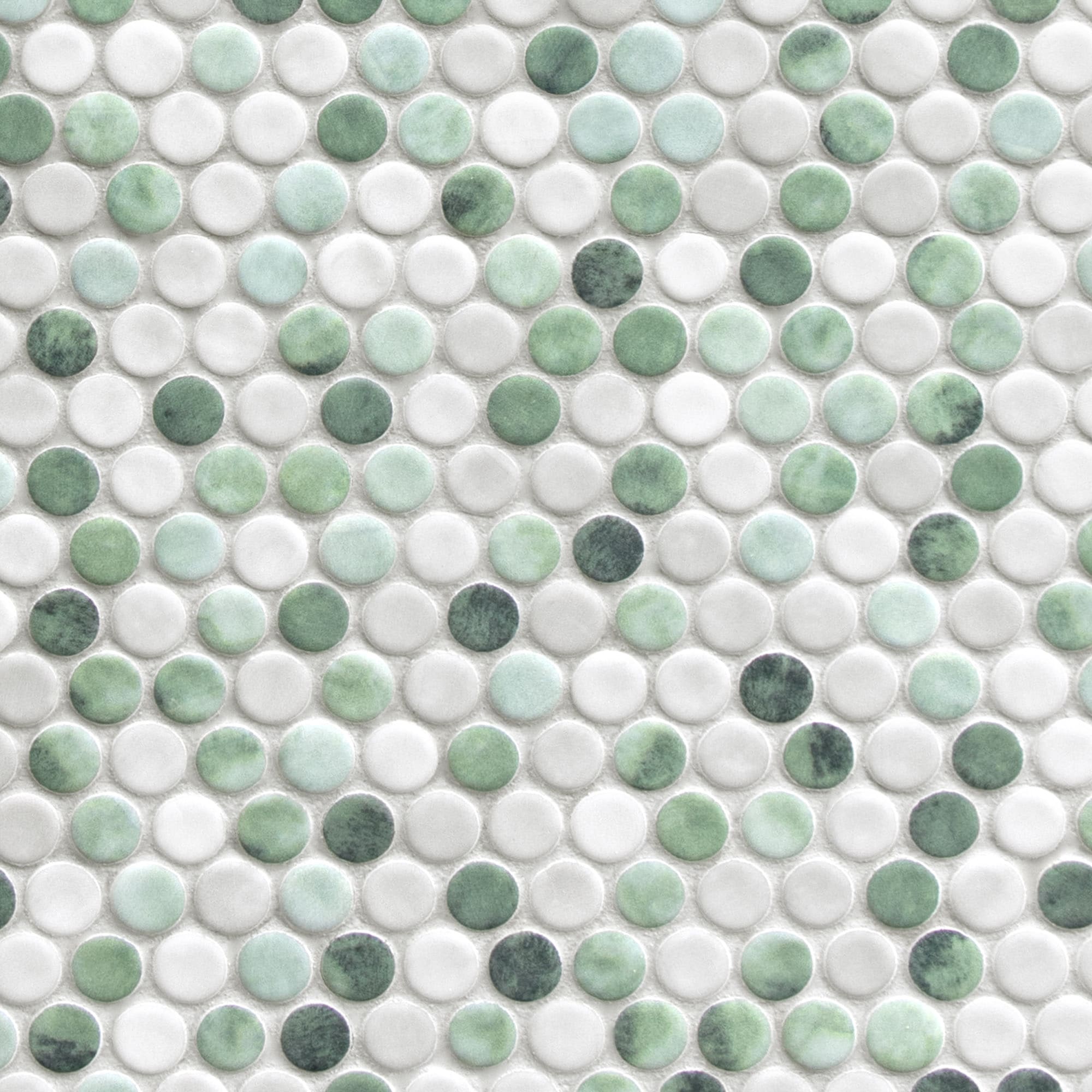 SUNWINGS Circle Cement Green 10-in x 11-in Matte Recycled glass Cement look Penny round Mosaic Floor and Wall Tile ( 8.1-sq ft / Carton )