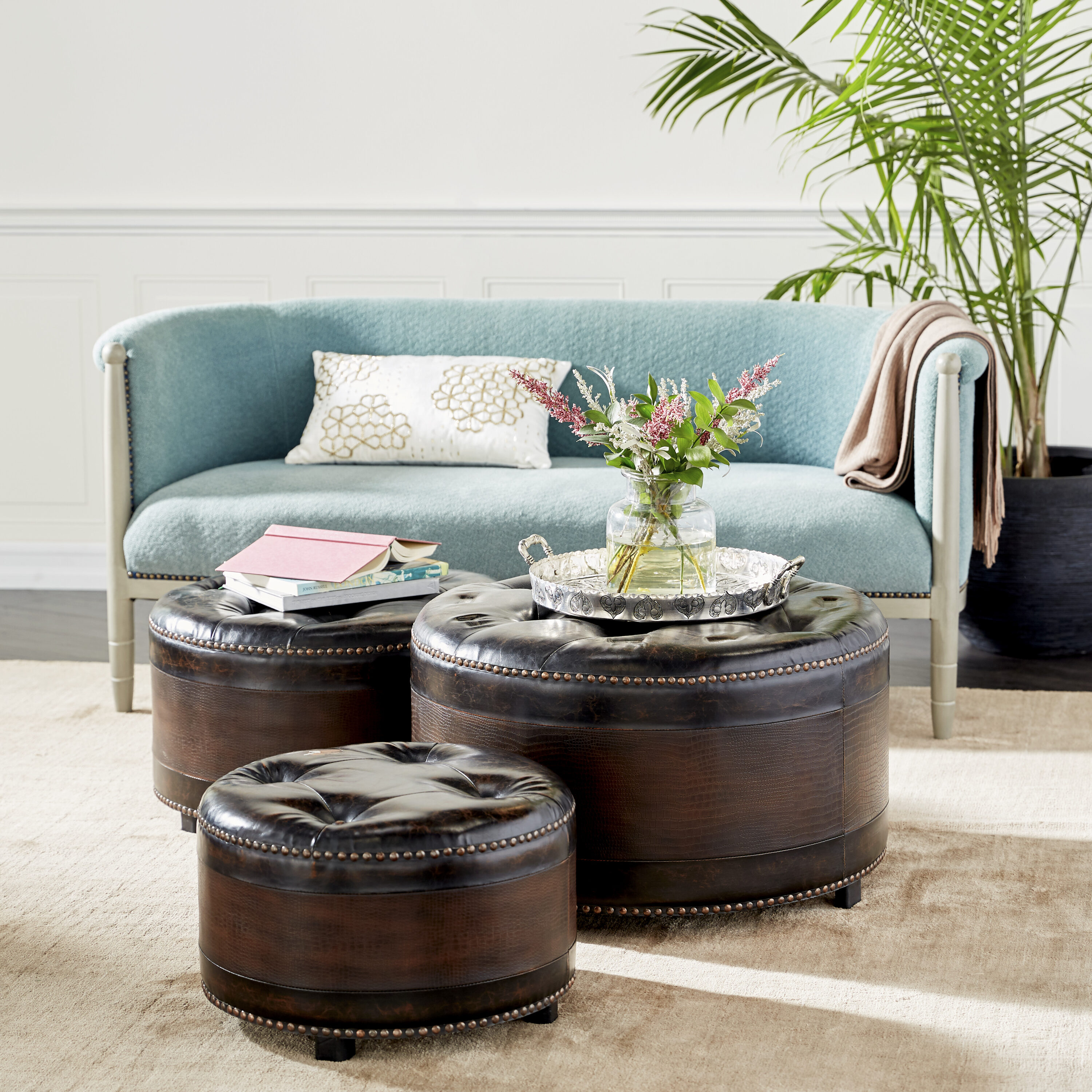 Round Ottoman Set with Storage; 2 in 1 combination; Round Coffee Table;  Square Foot Rest Footstool for Living Room Bedroom Entryway Office