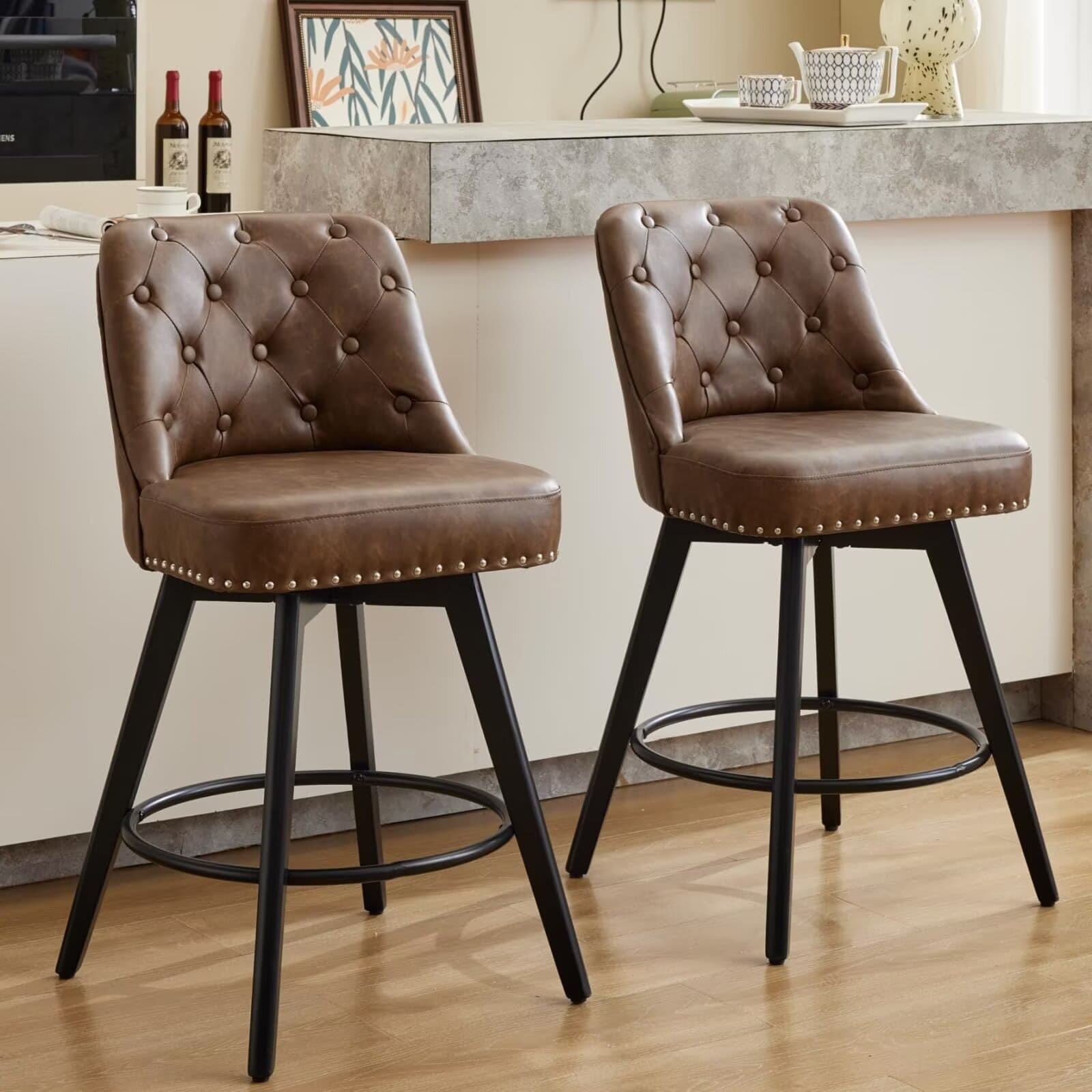 Qeetex JXNAG-PHO-16LEBS84 Bar Stools Set of 2 Modern Swivel Counter Height Bar Stools with Back and Wood Legs Unholstered Barstools for Kitchen Island 26 Inch Height Seat-Leather Brown
