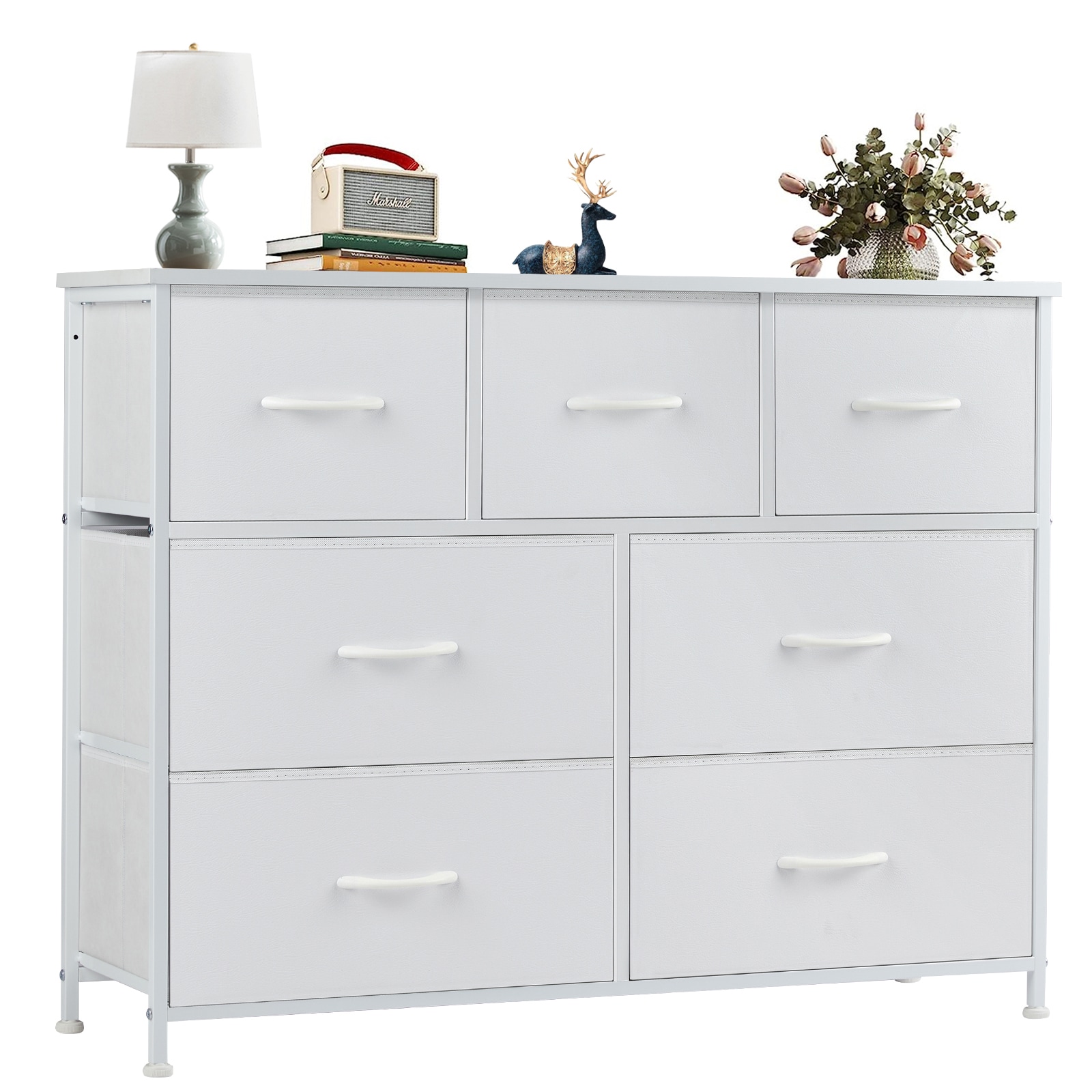 Sweetcrispy 7 Drawer Fabric Dresser TV Stand Storage Organizer with Metal Frame White