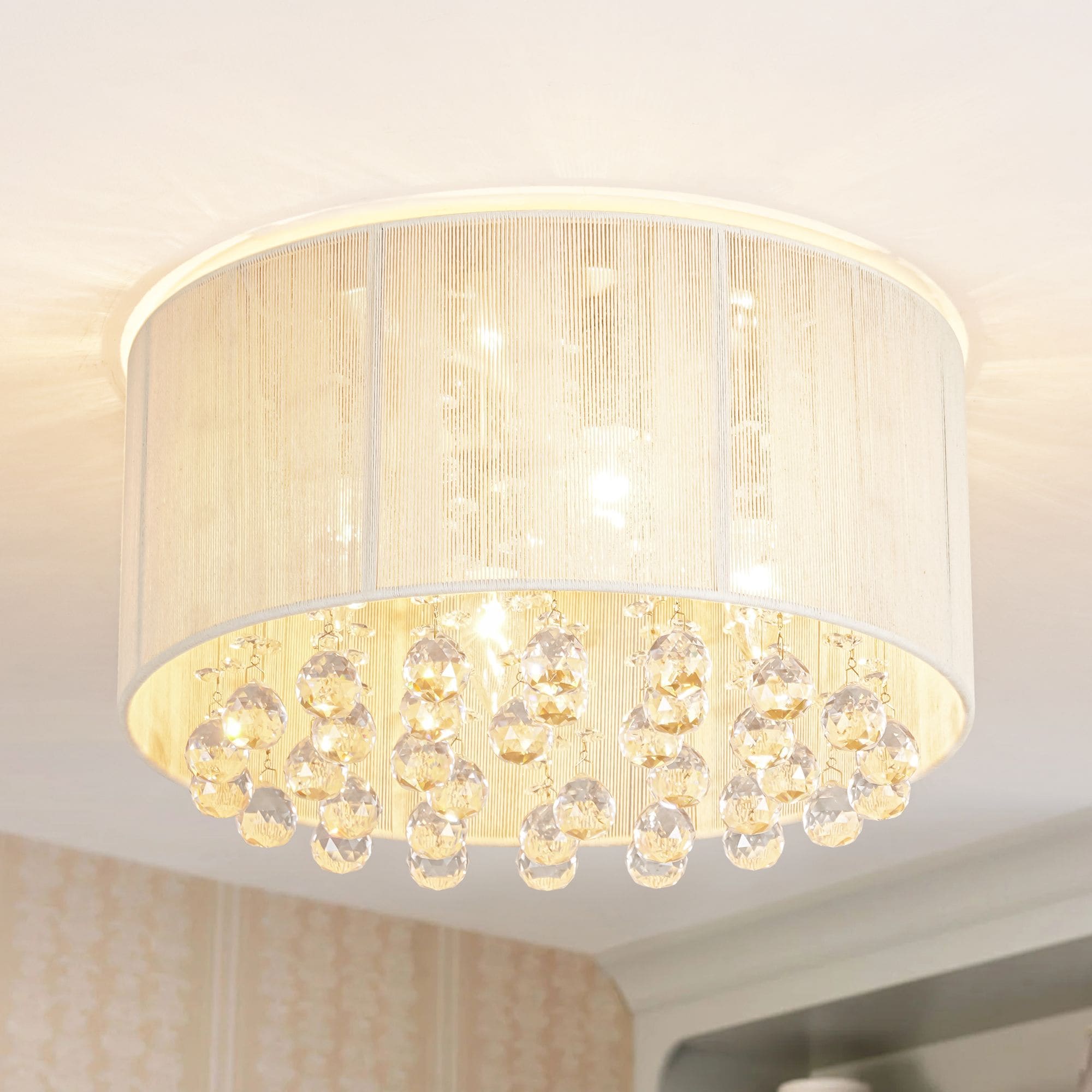 Rennnsan Mira 15.75-in 4-Light Transitional Crystal Flush Mount Ceiling Light with Cotton Drum Shade