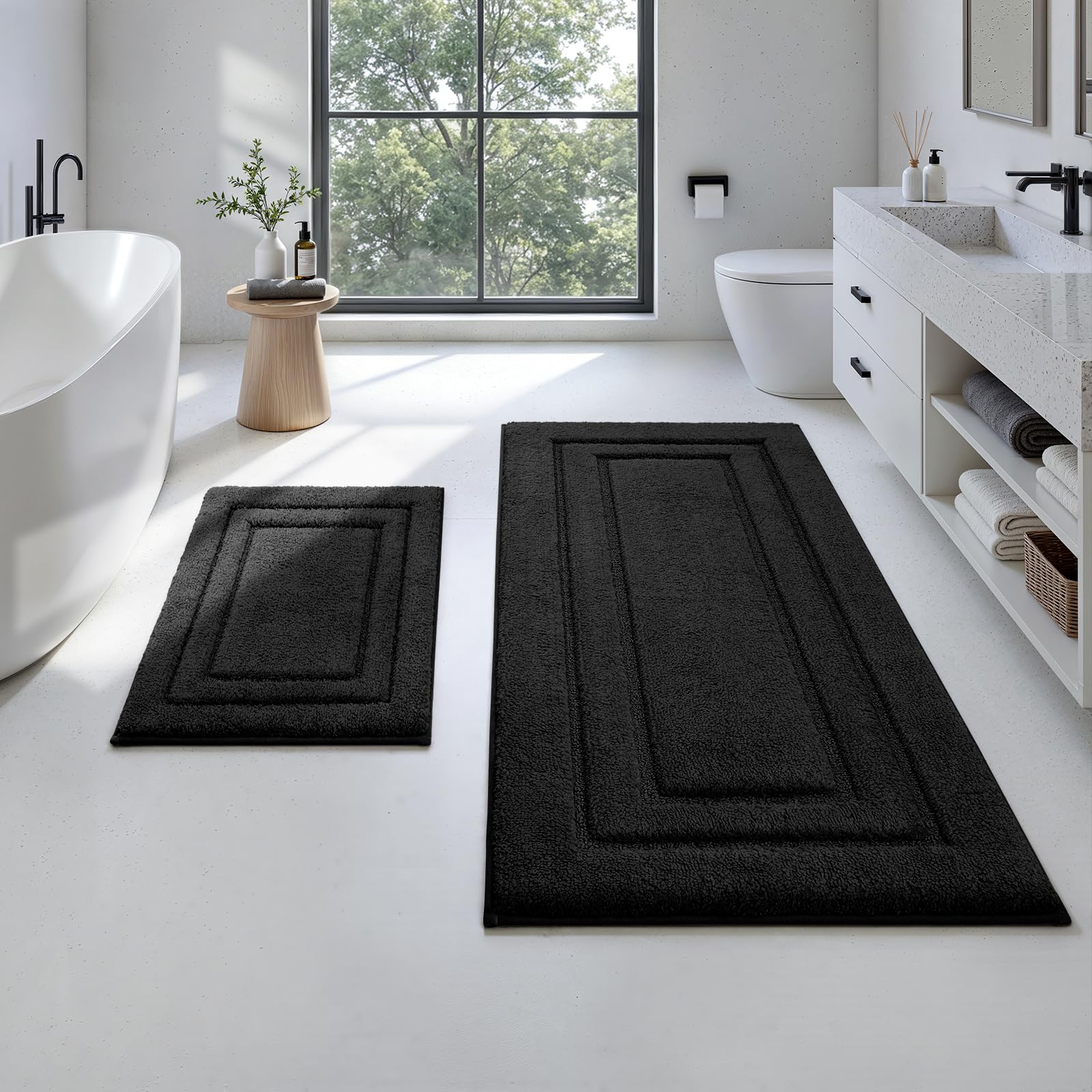 PUPWE - 2 Piece Ultra Soft Absorbent Non Slip Washable Microfiber Bathroom Rug Set
