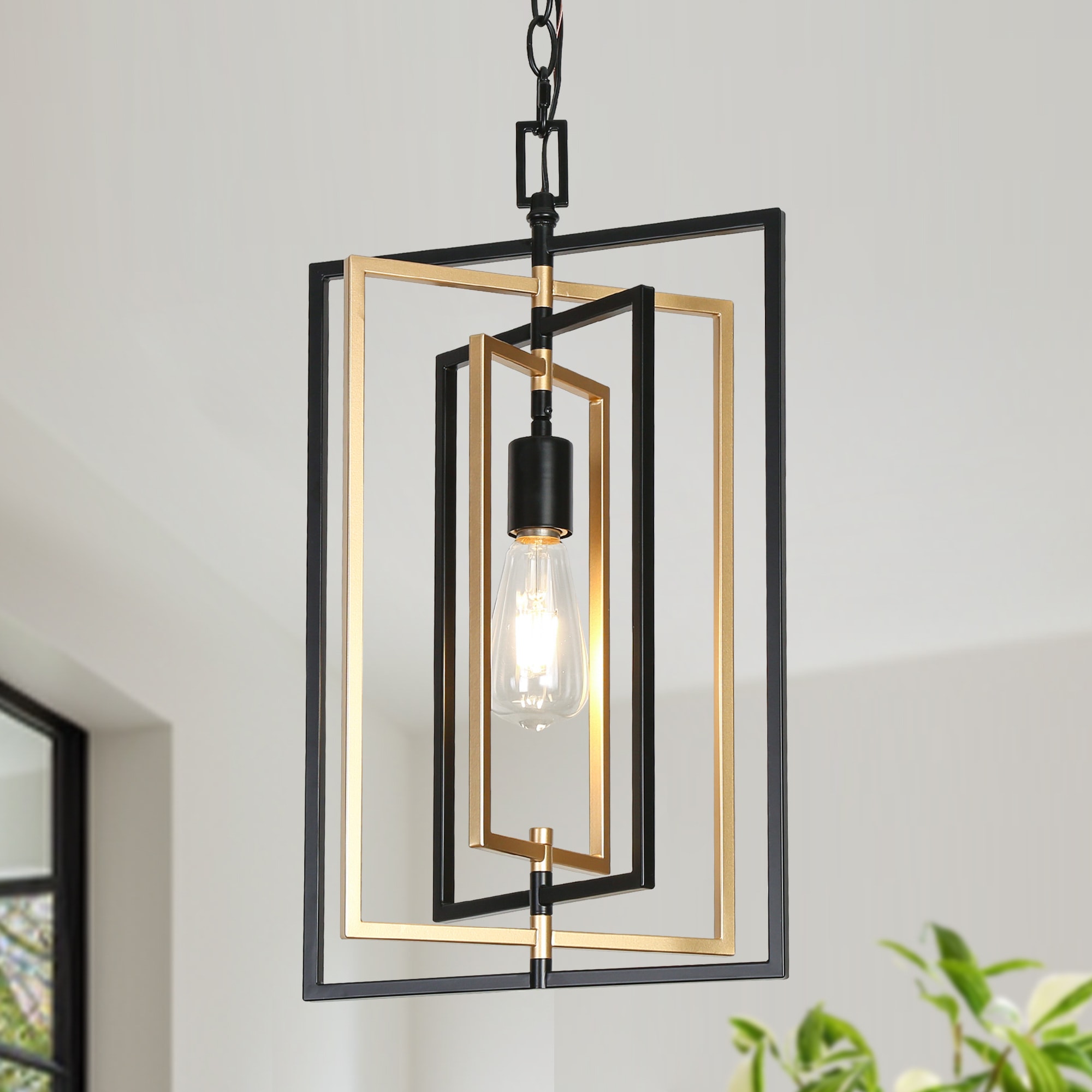 Uolfin MAQMVN-LWS20601-F9 Rectangle Black and Gold with Rotatable Frame Modern/contemporary Geometric Medium Hanging Kitchen island light